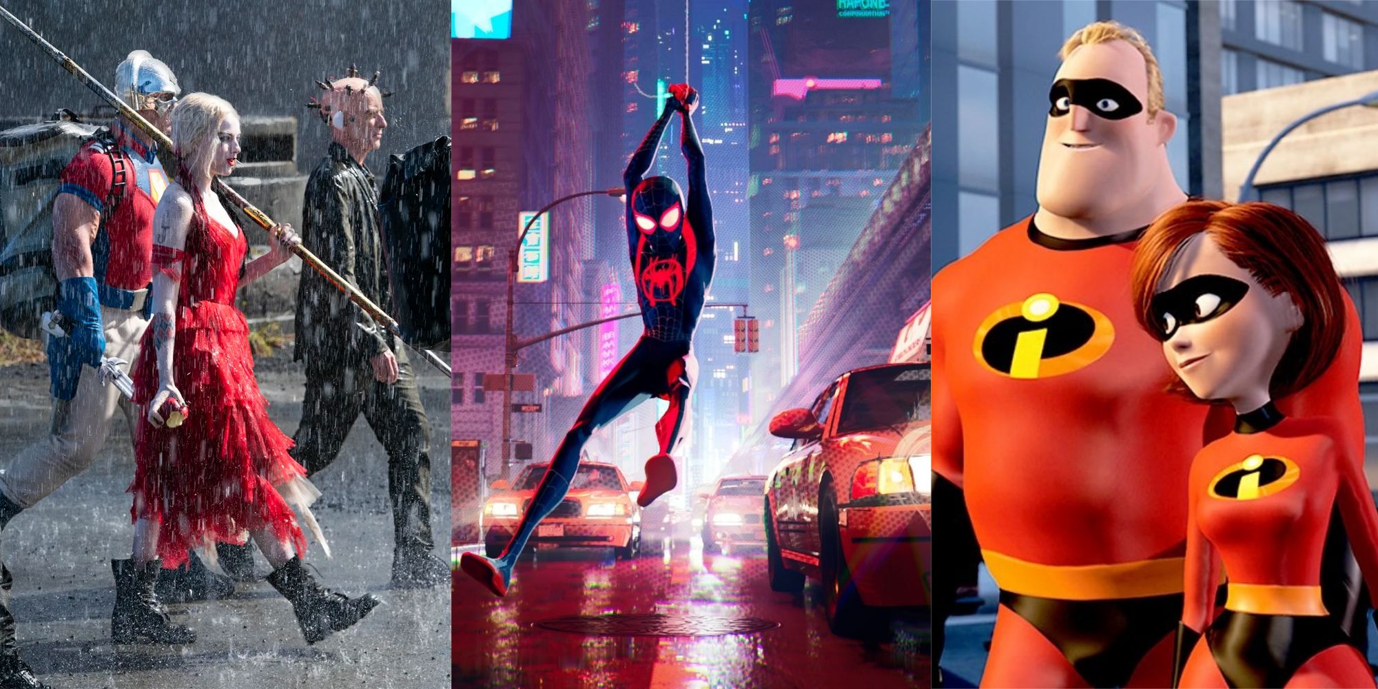 Split image of The Suicide Squad, Into the Spider-Verse and The Incredibles