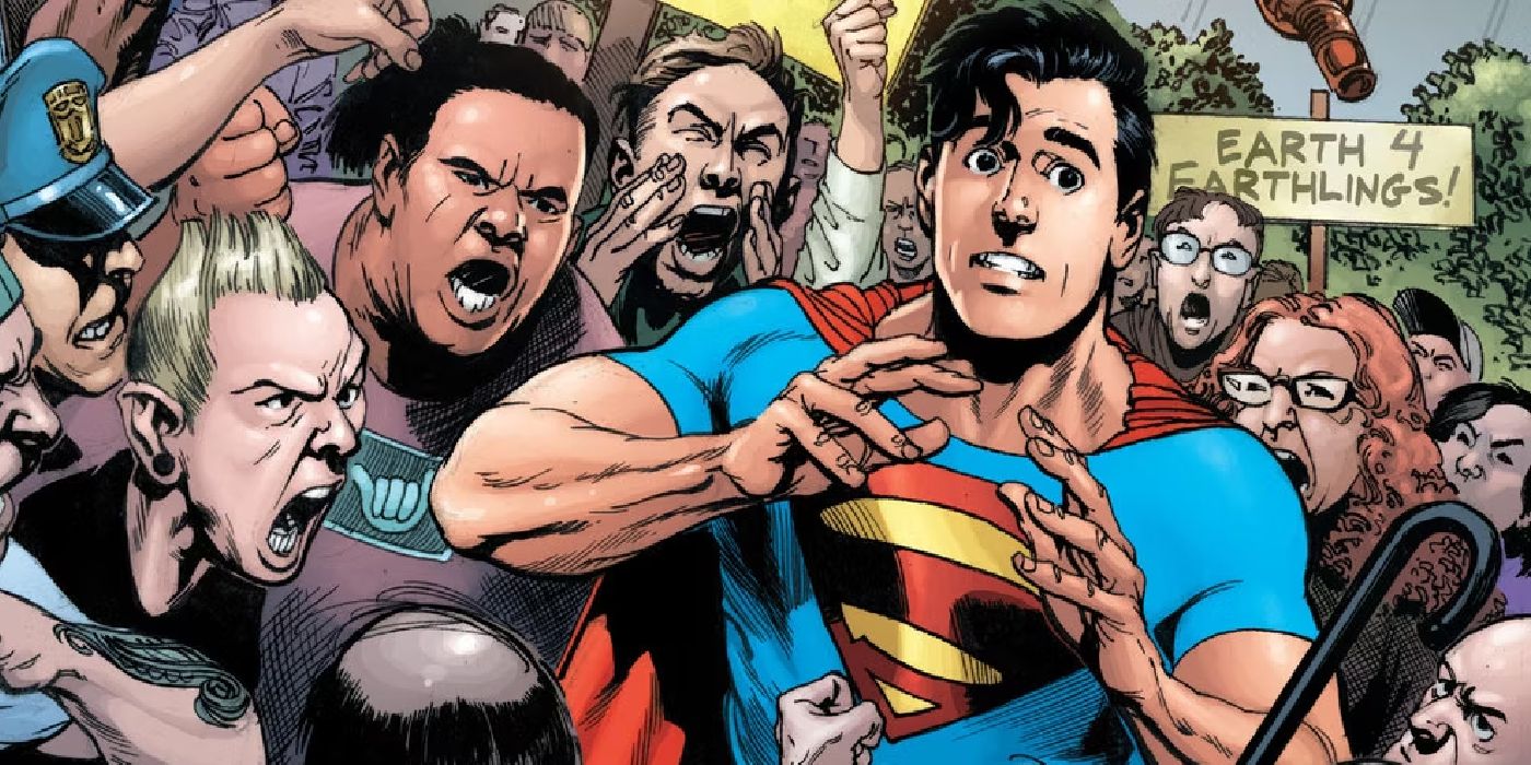 Superman deals with harassment from an angry mob.