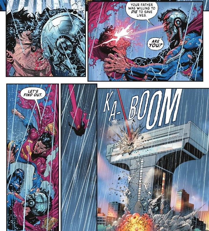Superman and Cyborg Superman Crash into Titans Tower
