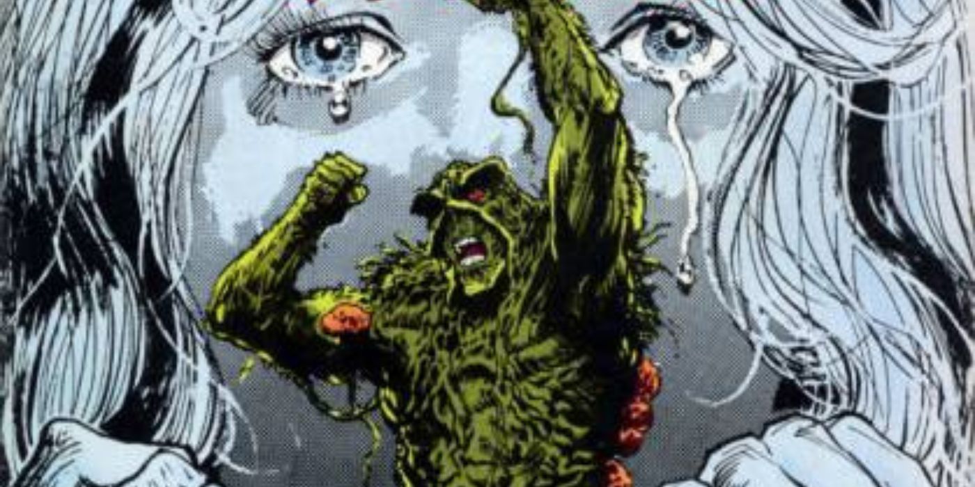 Swamp Thing with a woman crying on the background in the comics.