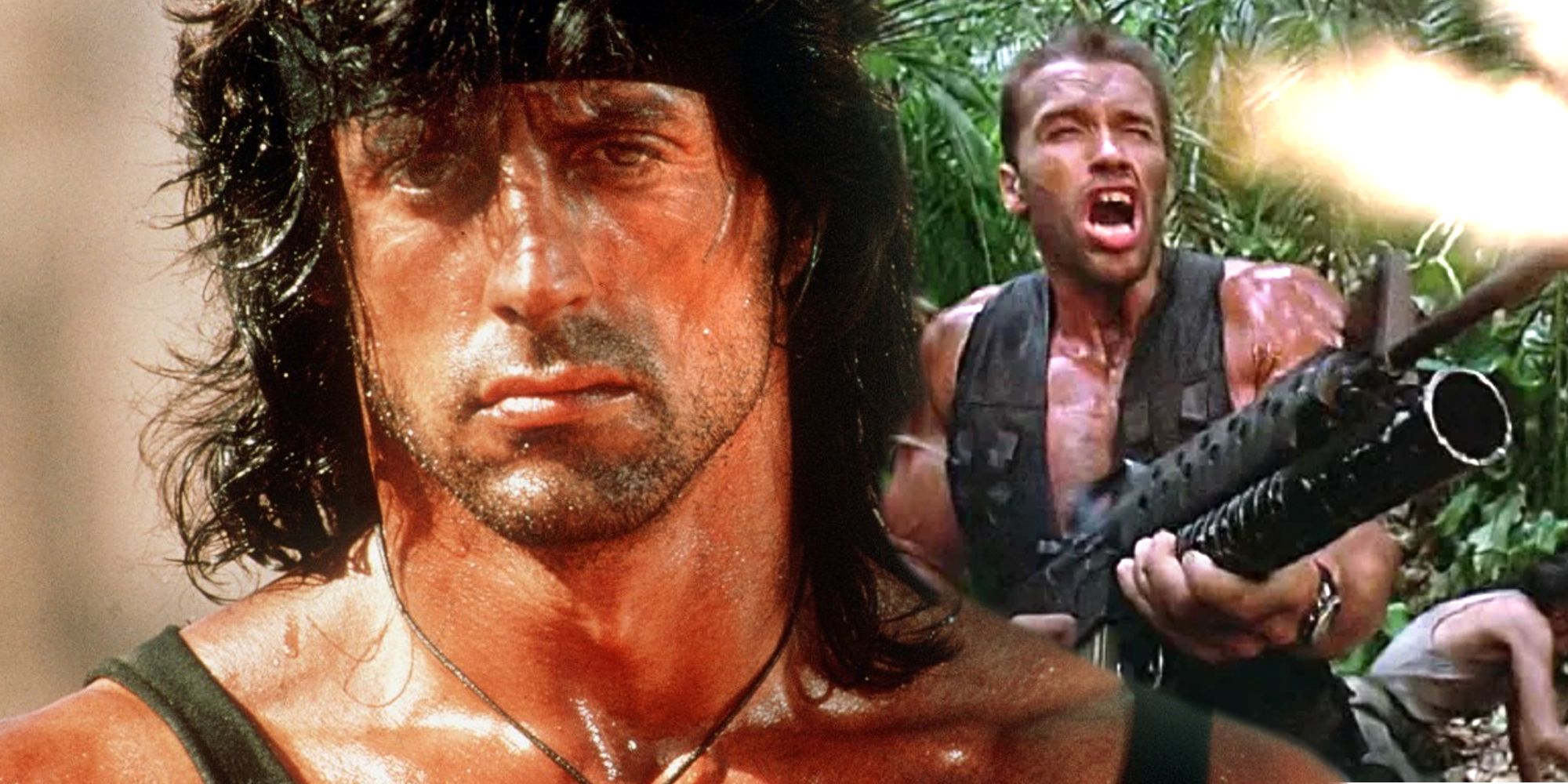 Sylvester Stallone as Rambo in First Blood and Arnold Schwarzenegger as Dutch in Predator
