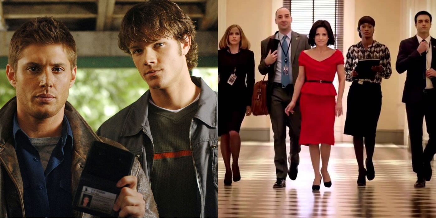 Split image showing the main characters of Supernatural and the main characters of Veep