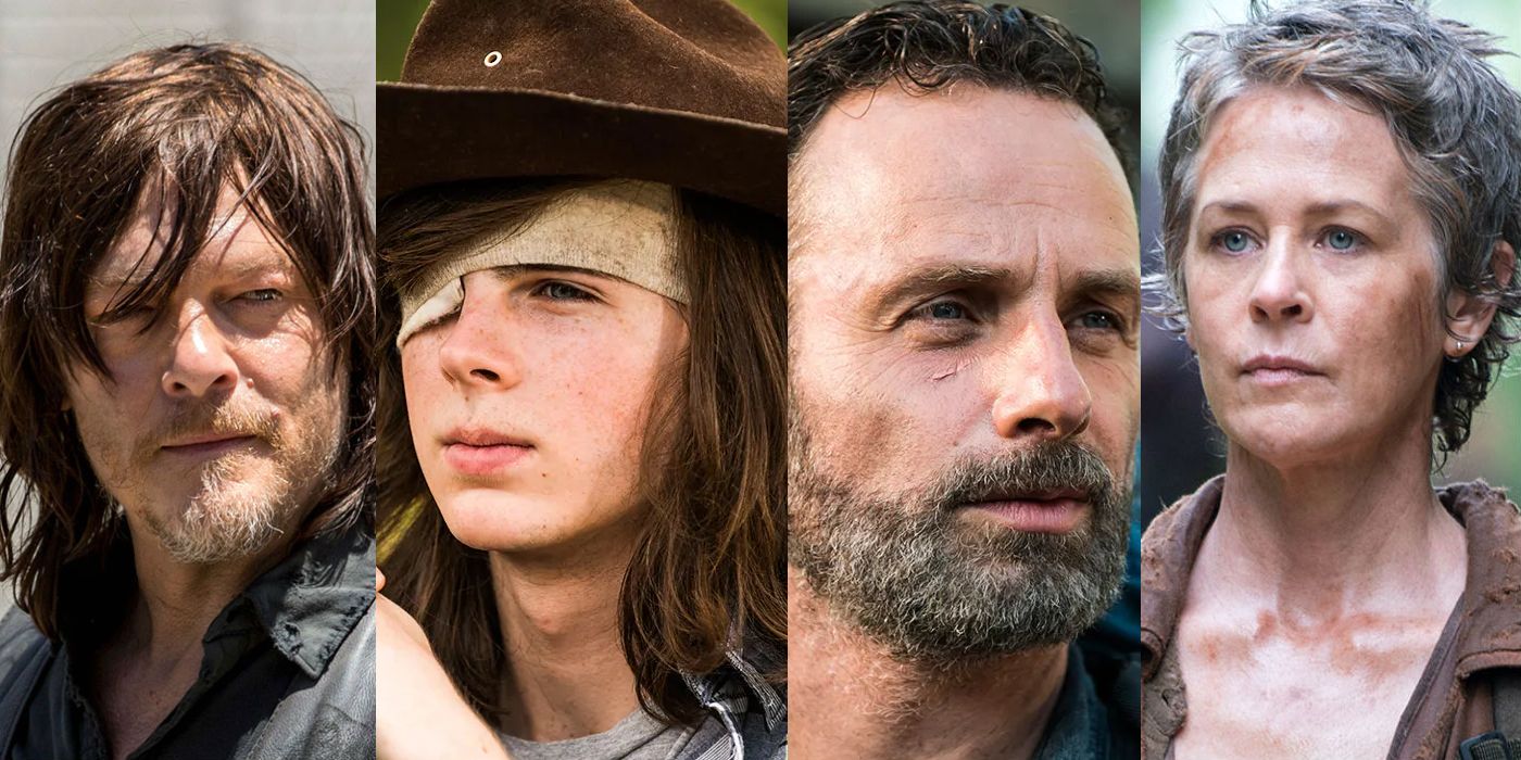 Norman Reedus as Daryl Dixon, Chandler Riggs as Carl Grimes, Andrew Lincoln as Rick Grimes, and Melissa McBride as Carol Peletier
