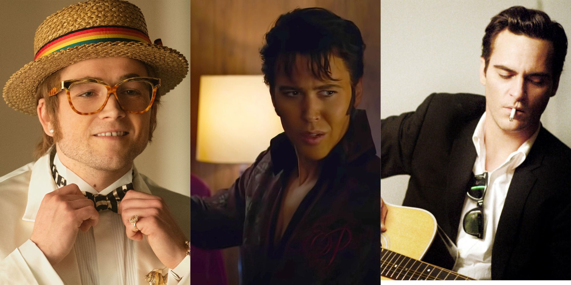 Split images of Taron Egerton in Rocketman, Austin Butler in Elvis, and Joaquin Phoenix in Walk the Line