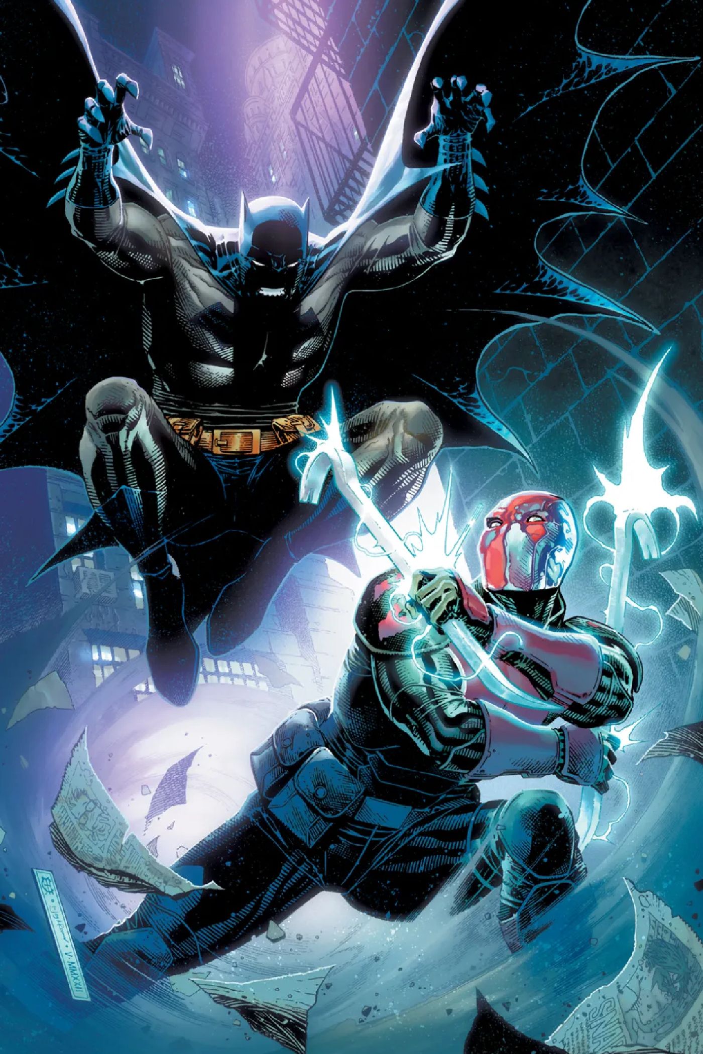 The cover to Task Force Z #12 featuring Red Hood and Batman fighting.