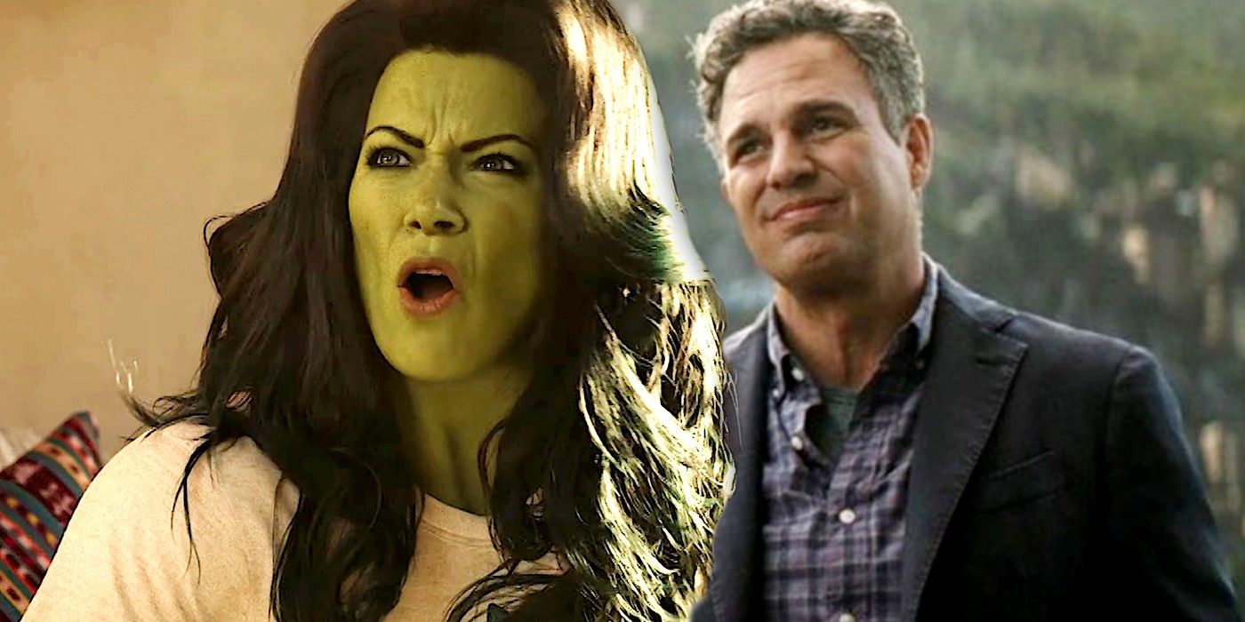 Tatiana Maslany as Jennifer Walters in She Hulk and Mark Ruffalo as Hulk in Avengers Infinity War