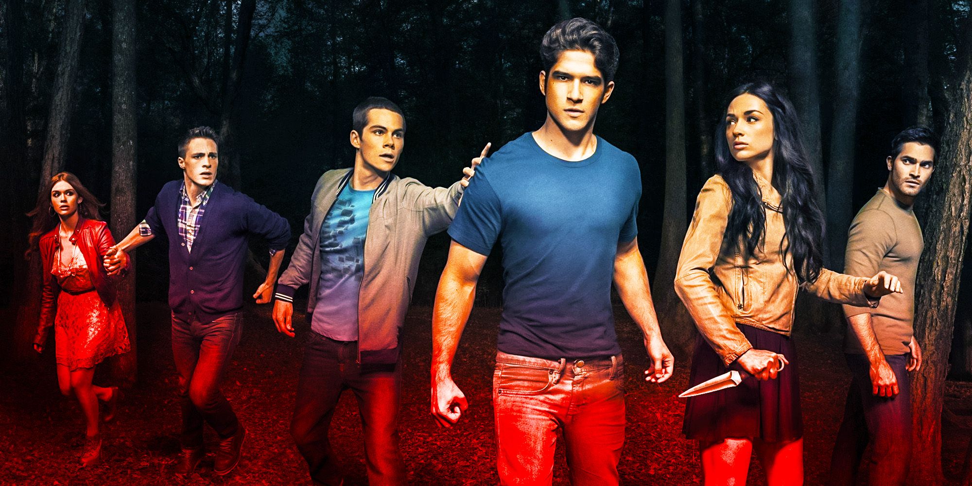Teen wolf movie characters standing in woods
