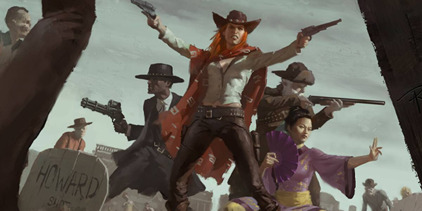 Deadlands the Weird West cowboys fighting off zombies