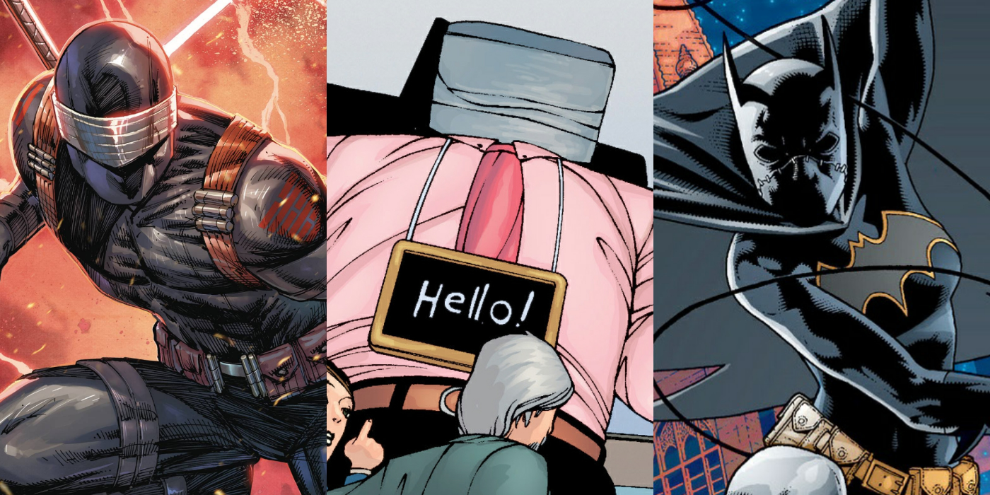 Split image of mute comic book characters Snake Eyes, Awesome Andy and Cassandra Cain
