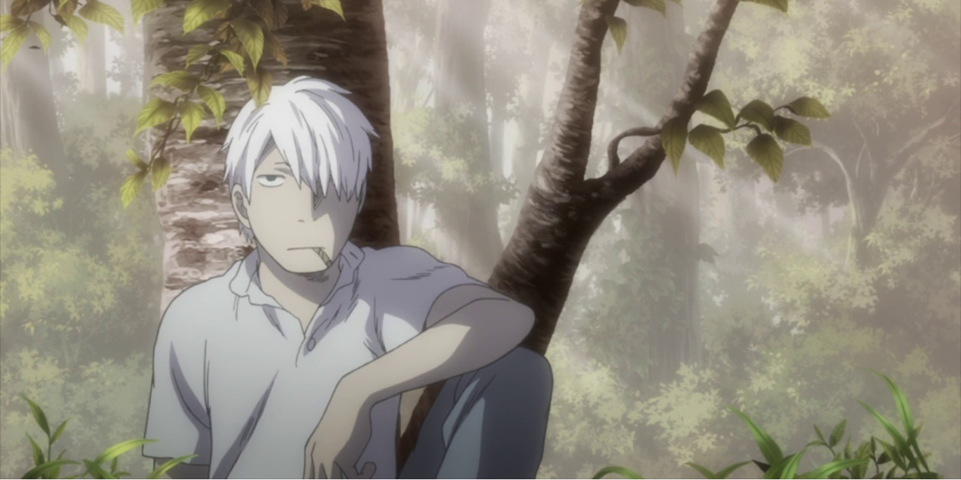 Mushishi season 2 white haired man leaning against a tree