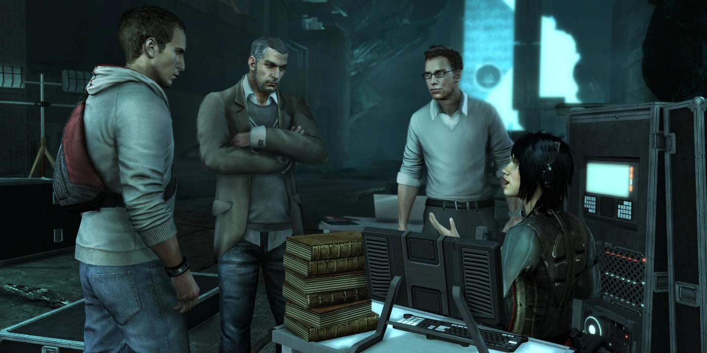 Assassin&rsquo;s Creed III ending with Desmond Miles, William Miles, Shaun Hastings, and Rebecca Crane talking together.