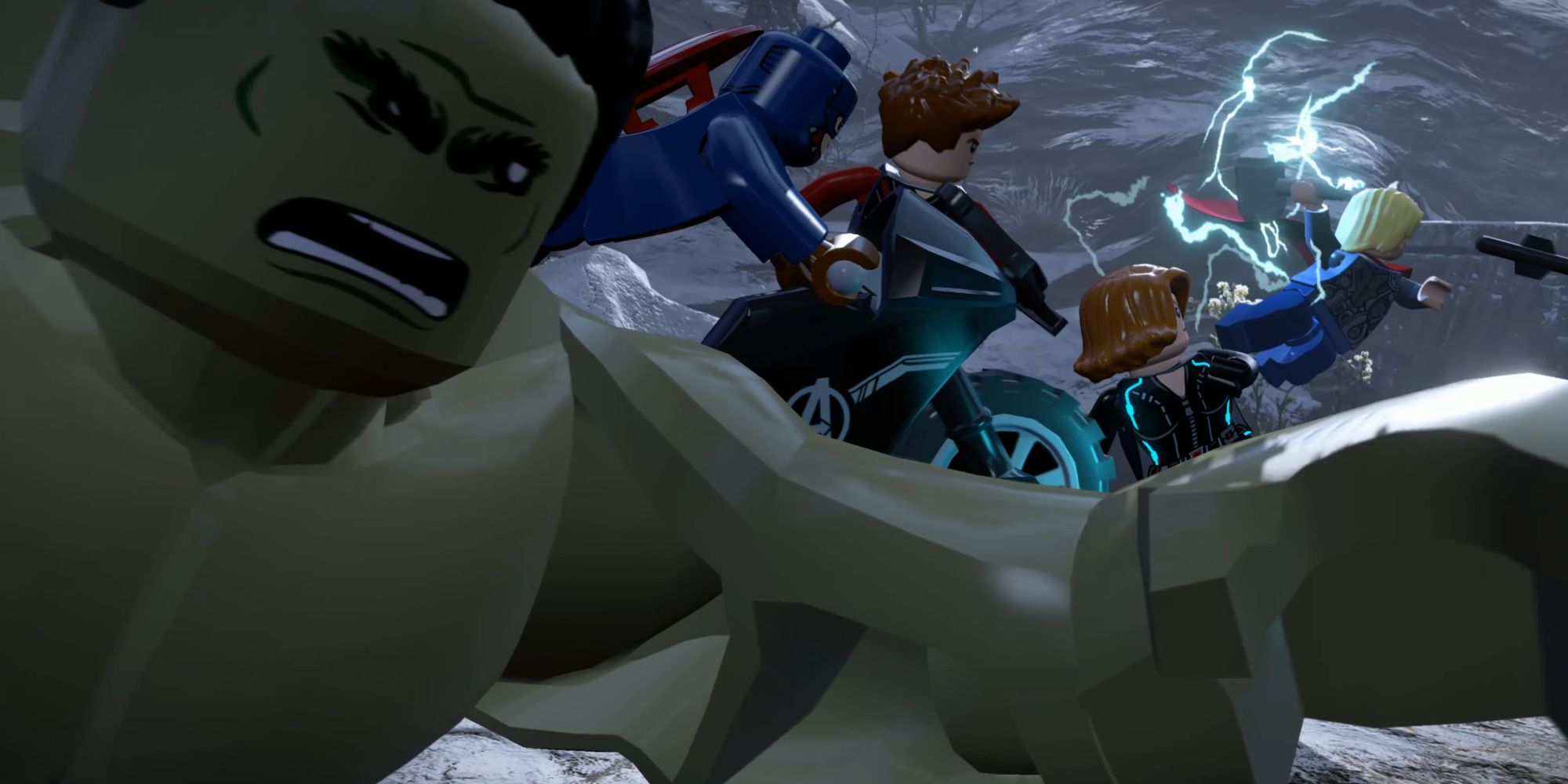 The Avengers leaping into battle in LEGO Marvels Avengers
