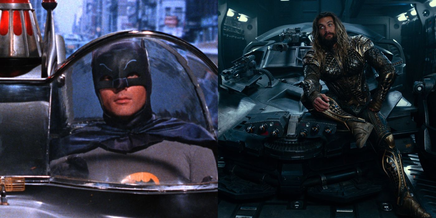 Split image showing the Batman 66 Batmobile and the Snyderverse Batmobile