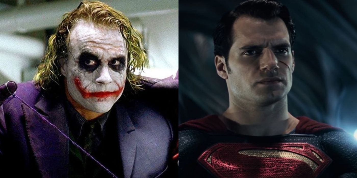 A split image of Heath Ledger&rsquo;s Joker and Henry Cavill&rsquo;s Superman