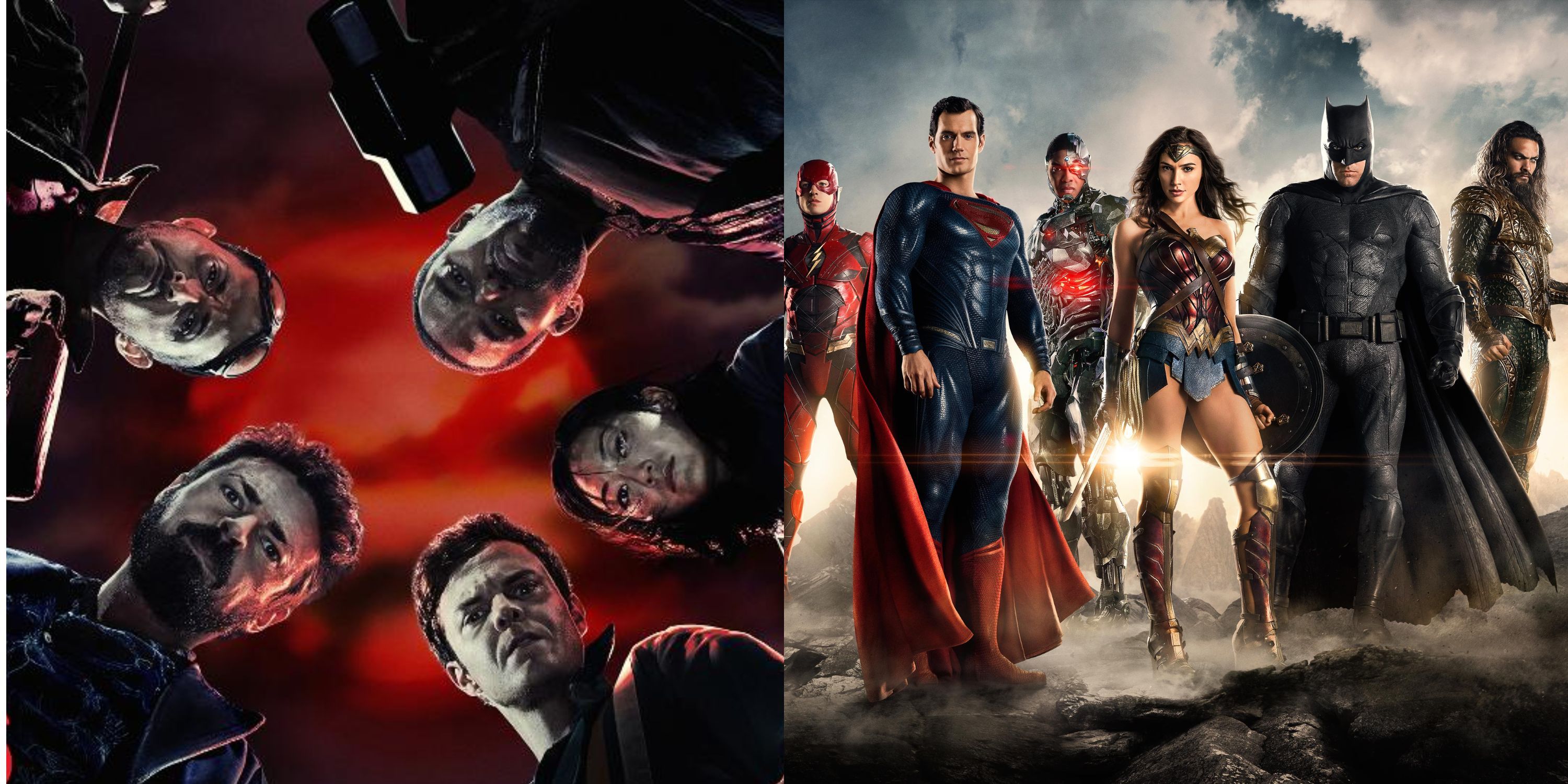 A split image of The Boys and the Justice League.