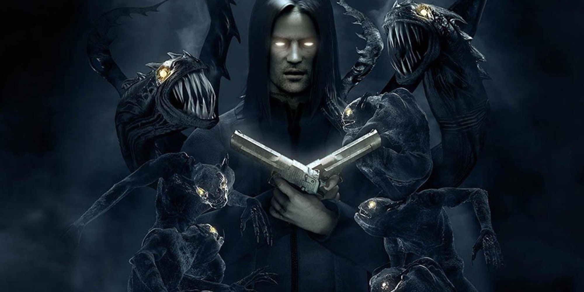 Jackie holds two pistols and is surrounded by his darkness monsters.