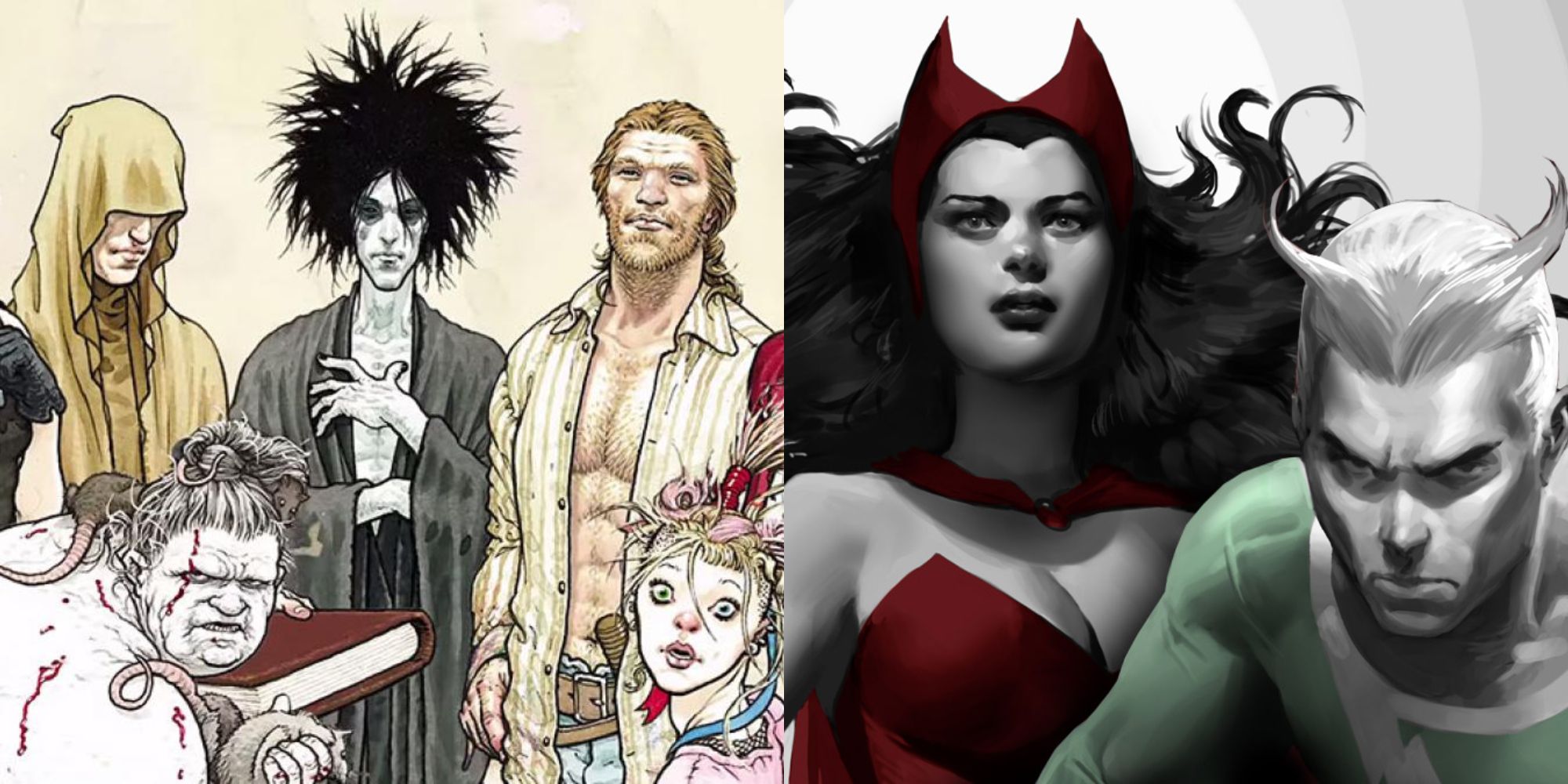 Split image showing the Endless from Sandman and Wanda and Pietro from Marvel Comics.