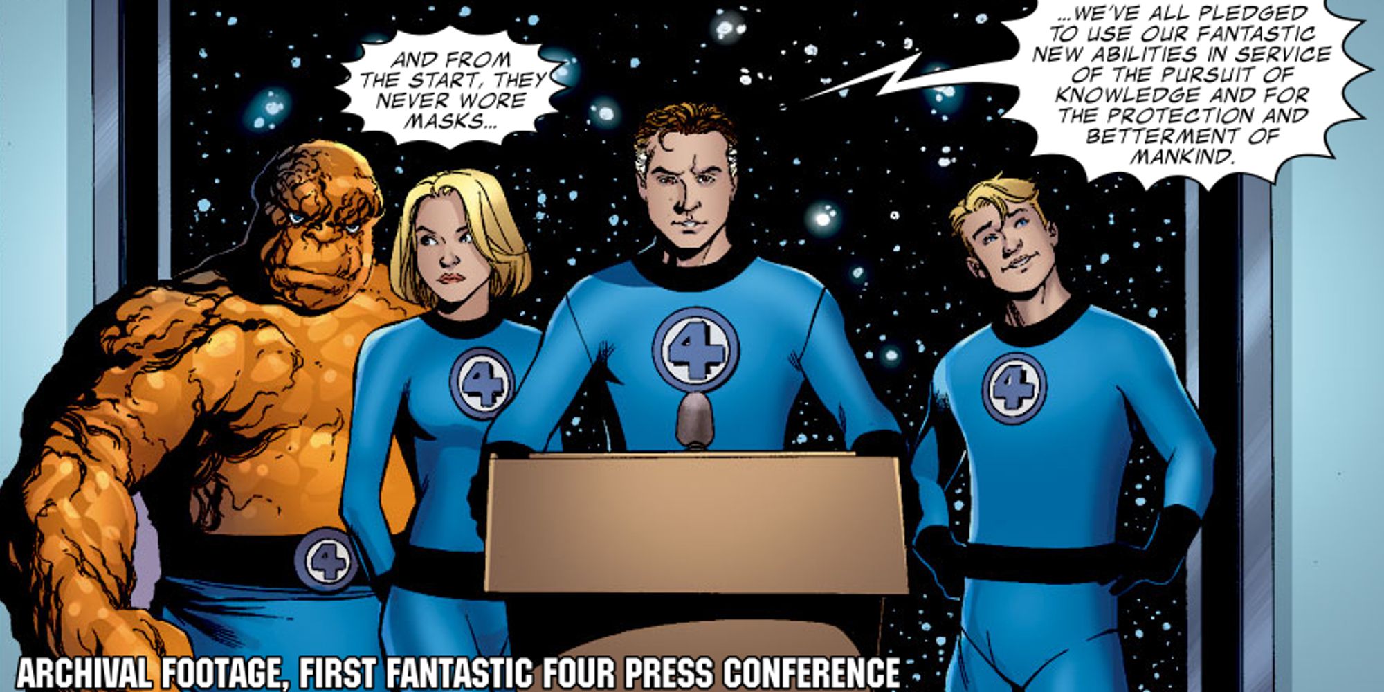 The Fantastic Four speaking at a press conference in Dwayne McDuffie's Fantastic Four run