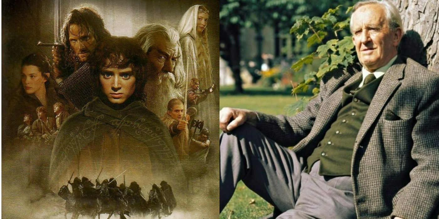 Split image of a Lord of the Rings movie poster and J.R.R. Tolkien