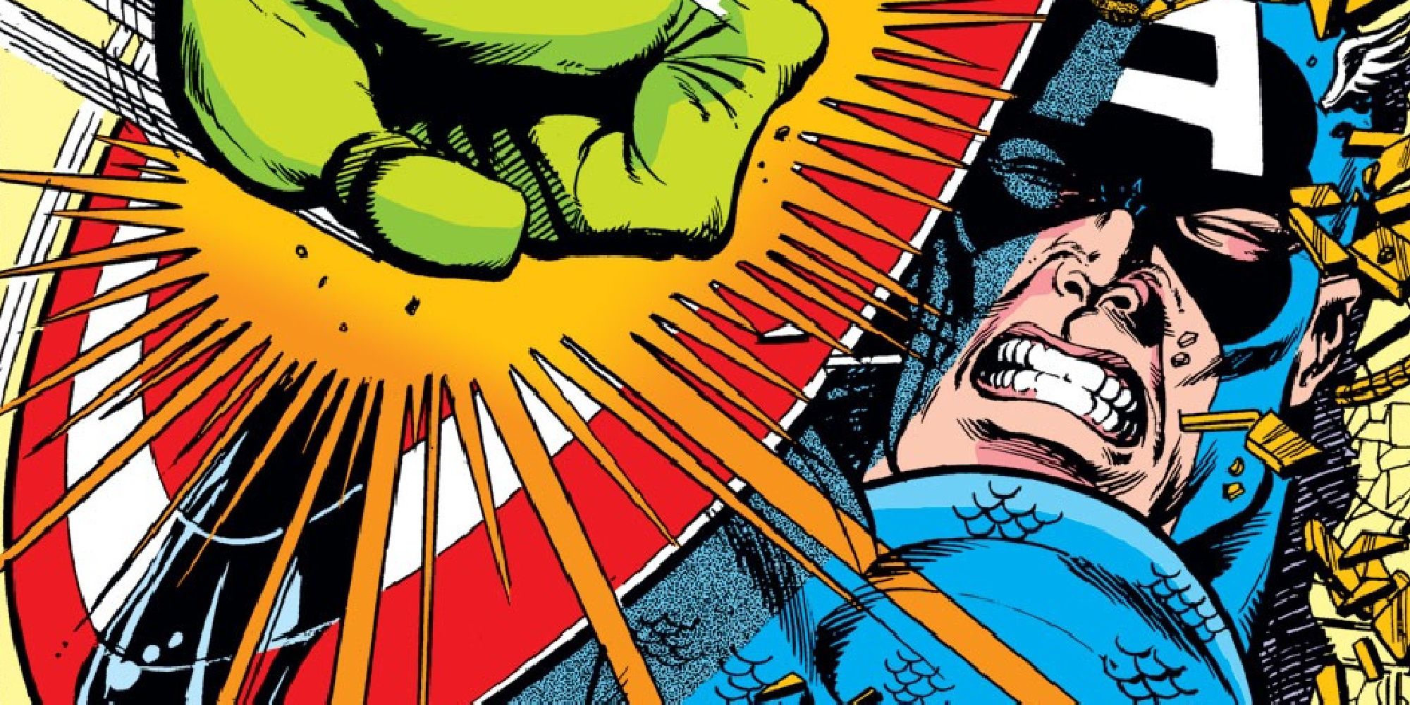 The Hulk fights Captain America in Marvel Comics.