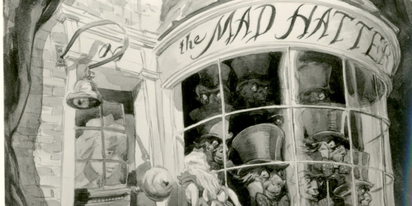 Alice prepares to enter the Mad Hatter's shop in Alice in Wonderland