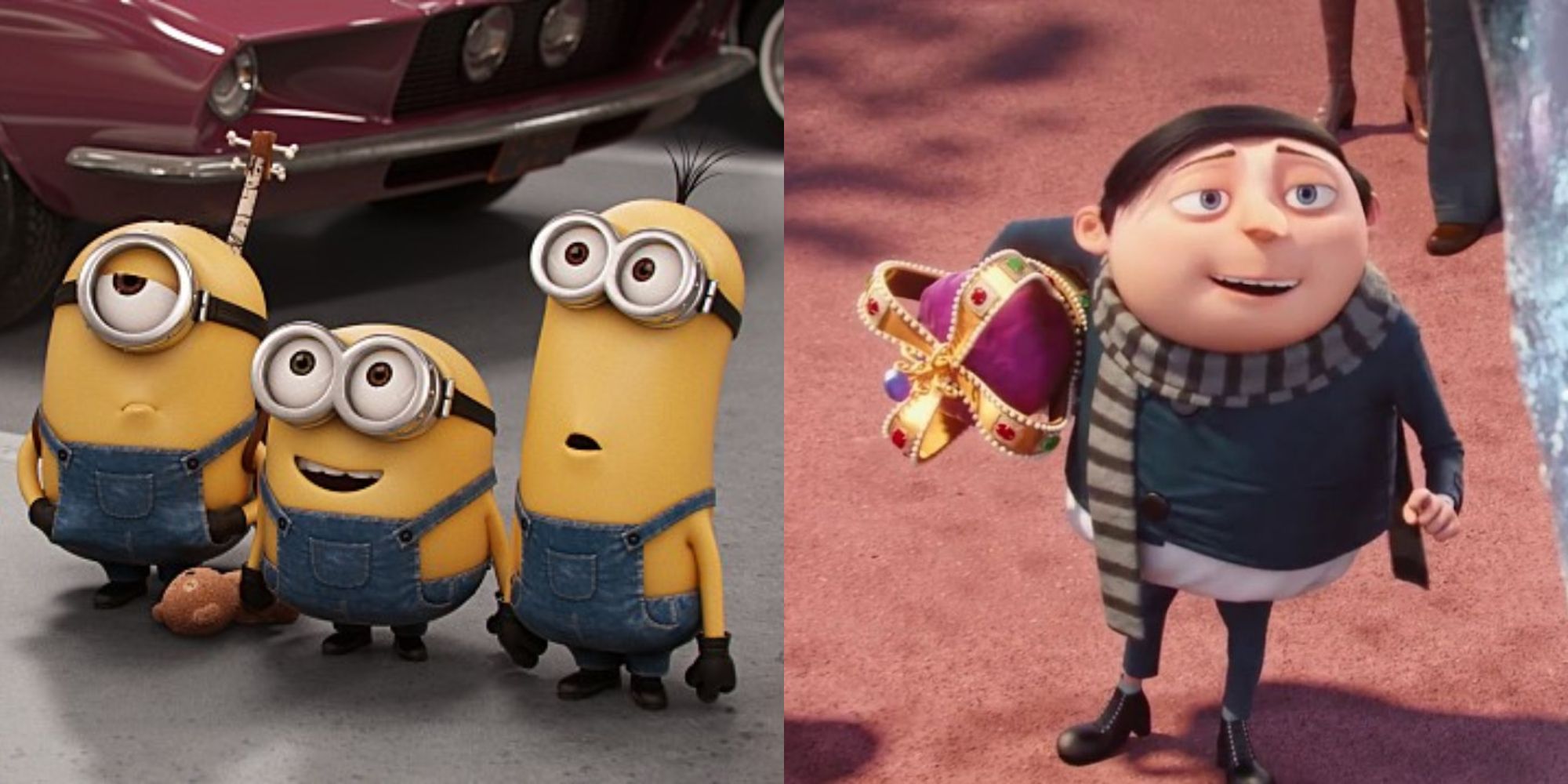 Split image showing the Minions and young Gru in Minions-