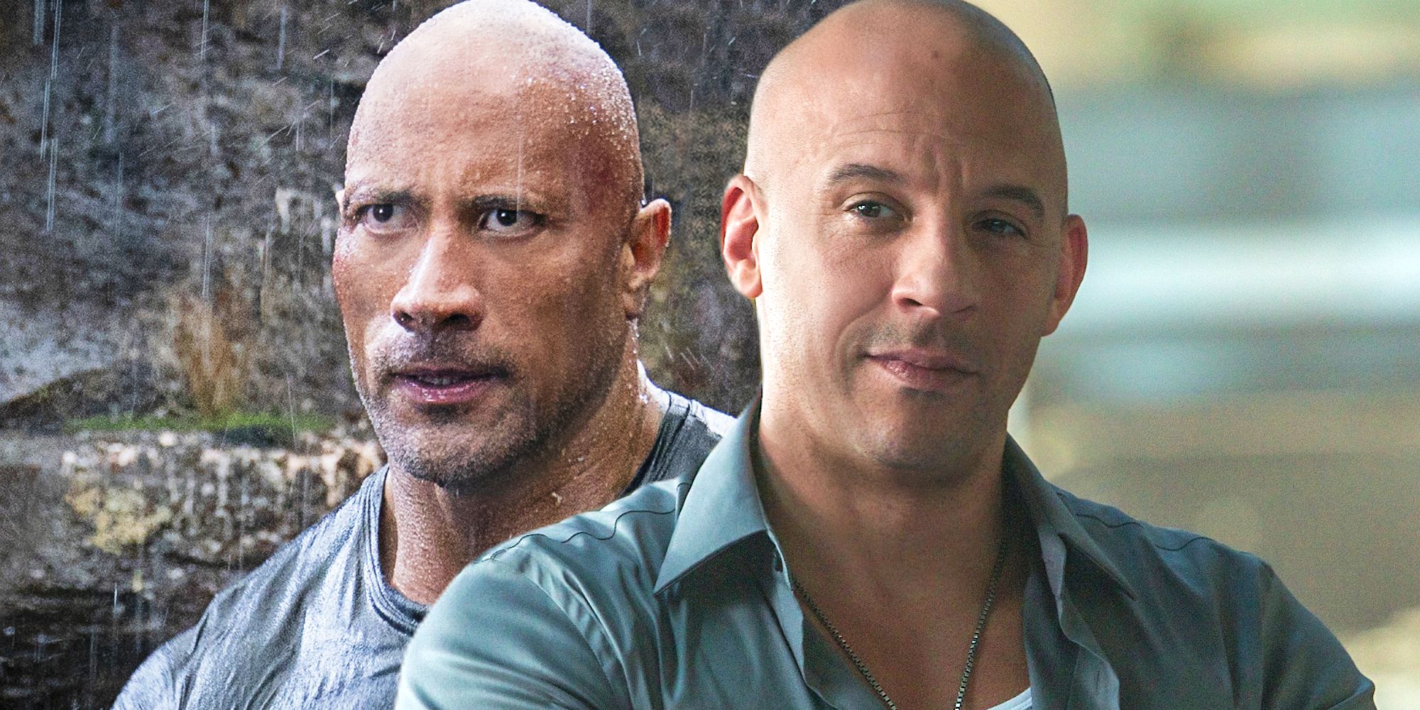 The Rock as Hobbs in Hobbs and Shaw and Vin Diesel as Toretto in Fast and Furious
