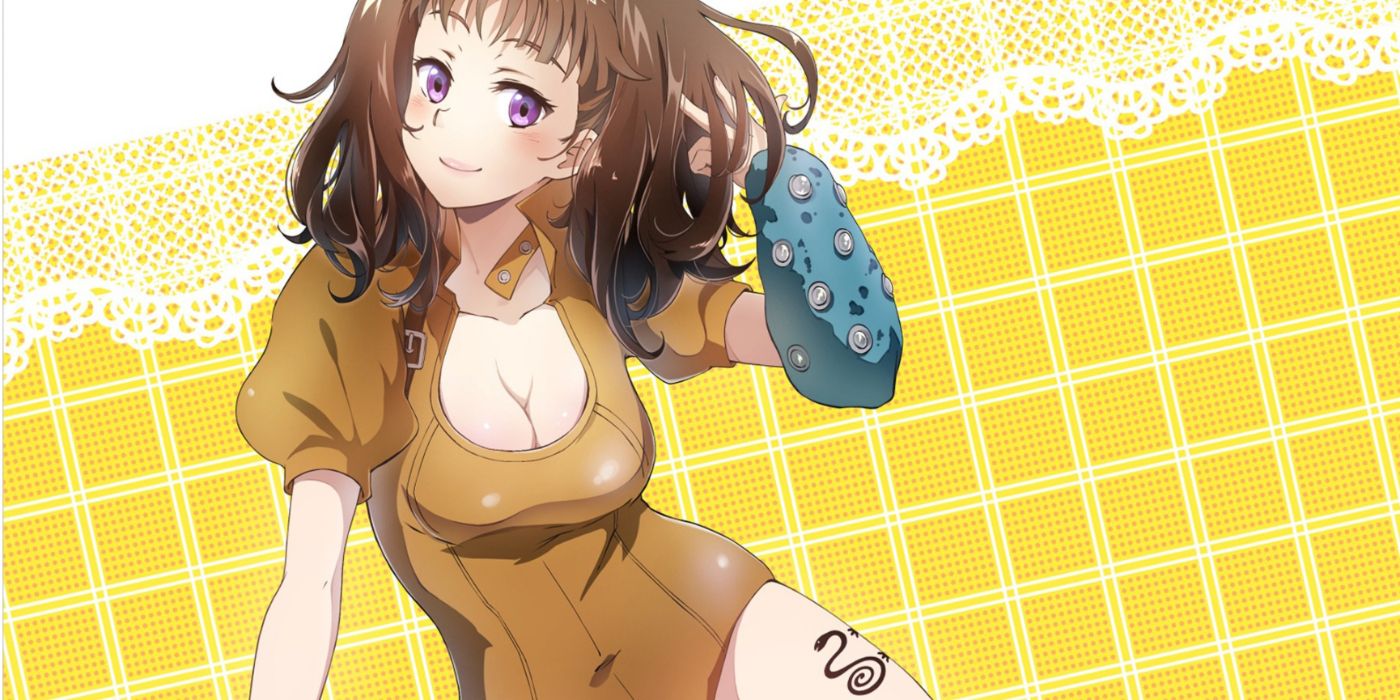 Image of The Seven Deadly Sins character and Sins member, The Serpernt's Sin of Envy Diane, posing cutely in front of a yellow checkered background.