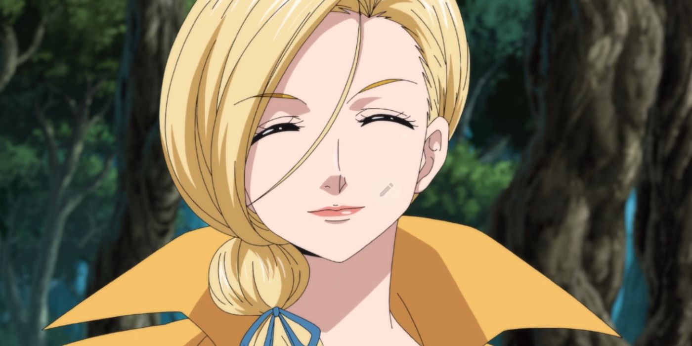Image of The Seven Deadly Sins character and Vampire Royal Gelda smiling lovingly.