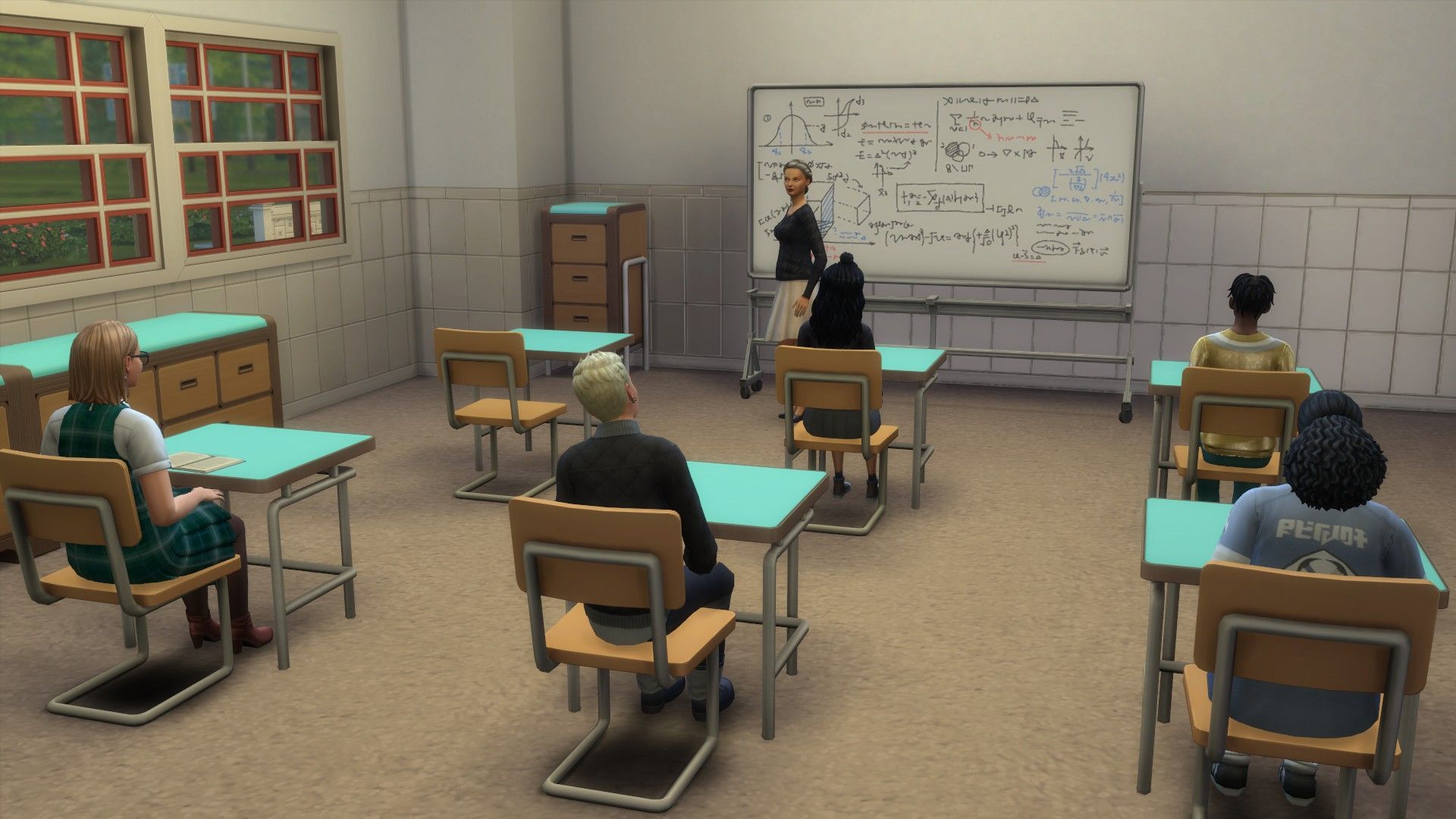 The Sims 4 High School Years students in class.
