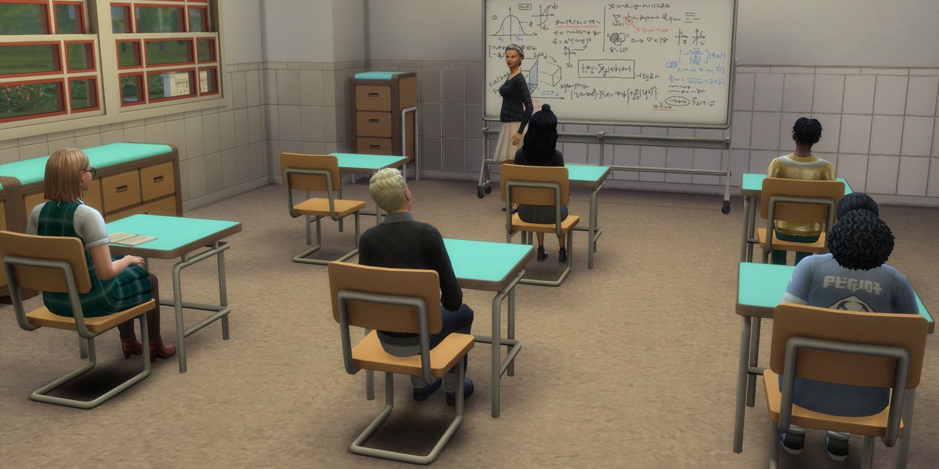 Estudiantes sentados en un aula del videojuego Sims 4