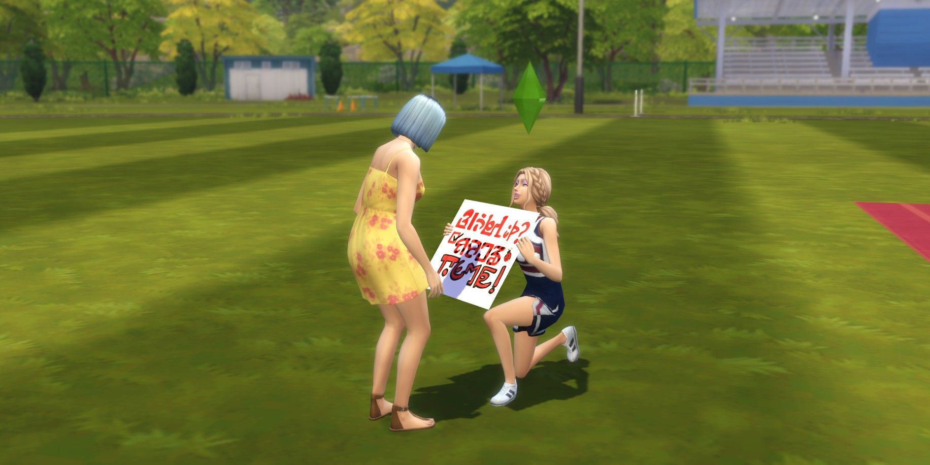 Um Sim no The Sims 4 convidando outro Sim para ir ao baile com ele. 
