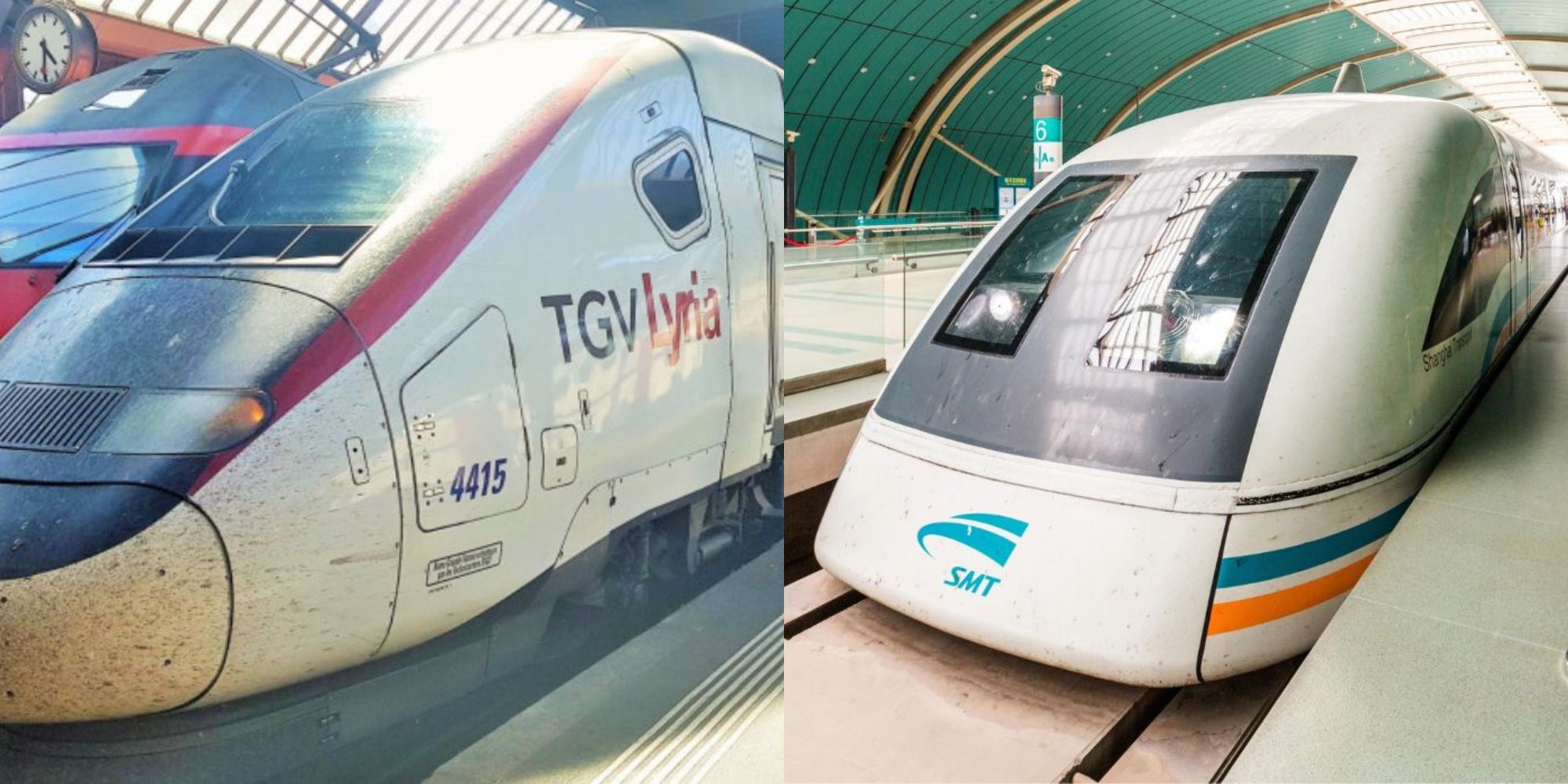 Split image showing the TGV POS and Shanghai Maglev trains.