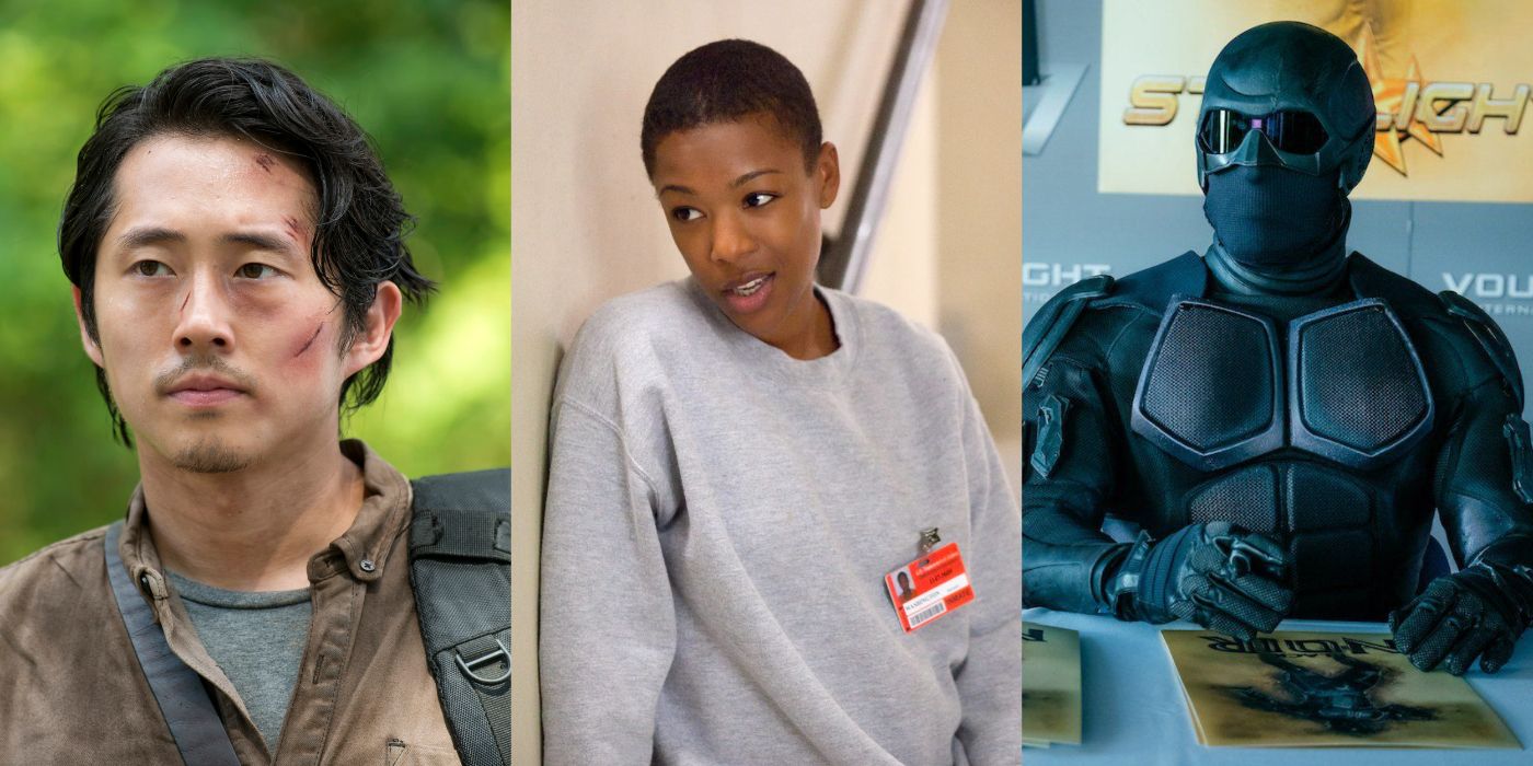 Split image of Glenn from The Walking Dead, Poussey from Orange is the New Black, and Black Noir from The Boys