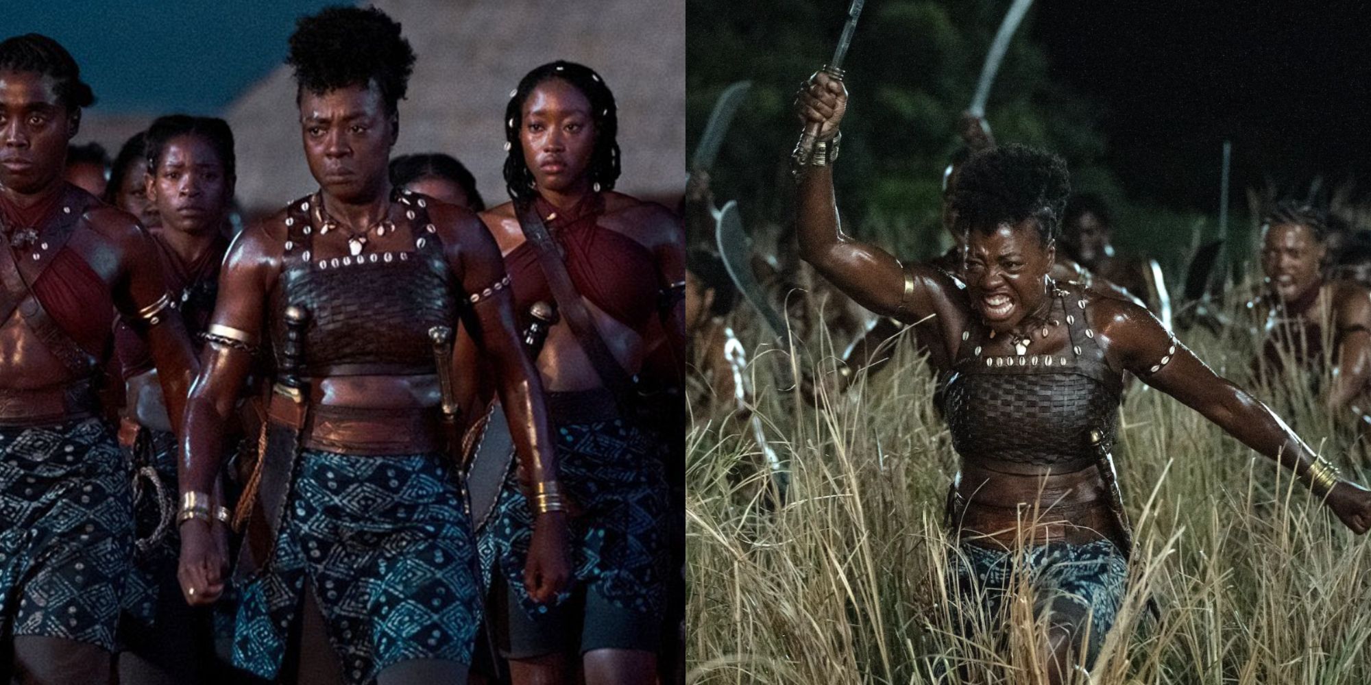 Split images of Viola Davis leading an army in The Woman King Trailer