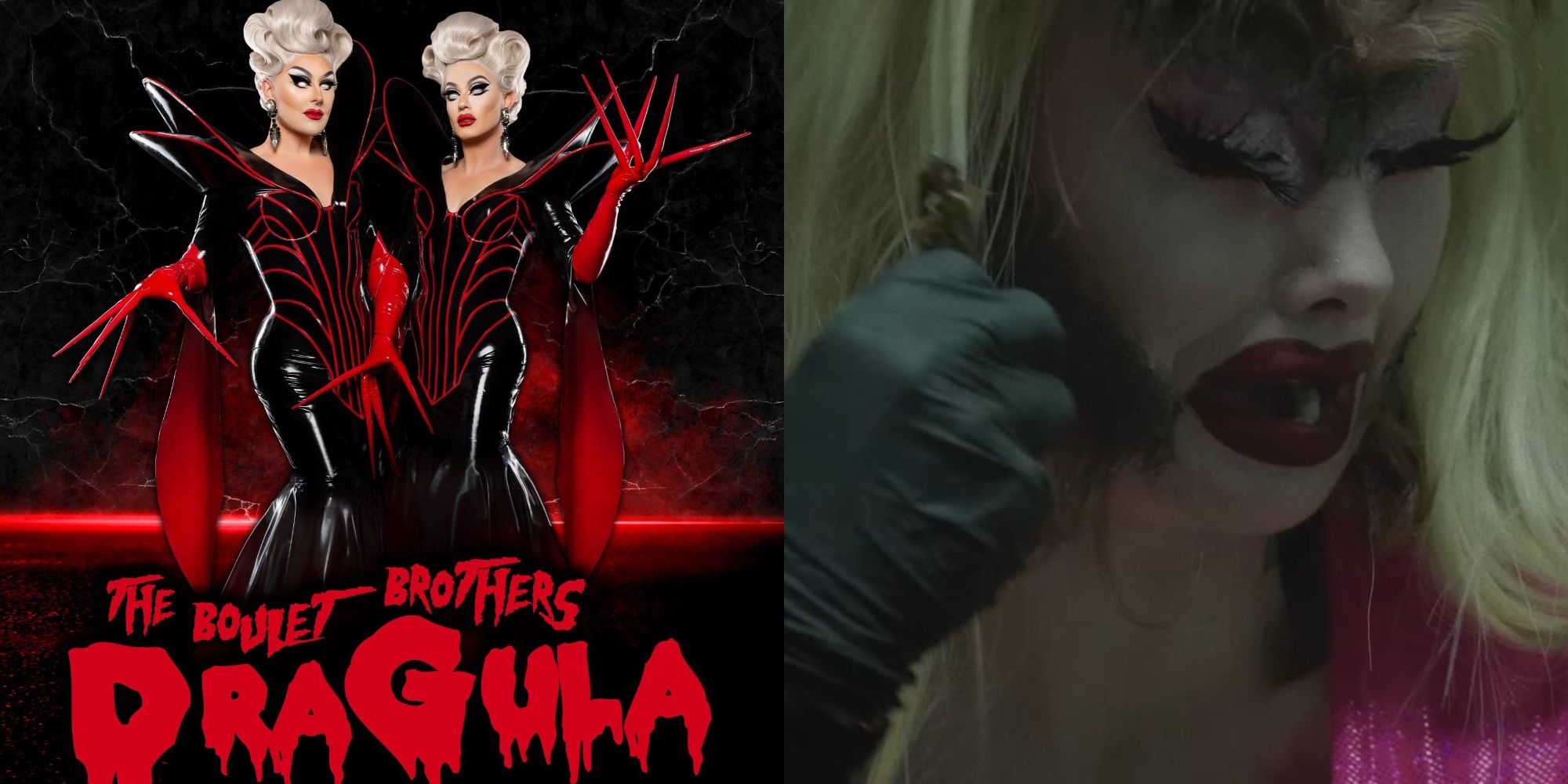 Split image showing the Boulet Brothers and a contestant in The Boulet Brothers' Dragula.