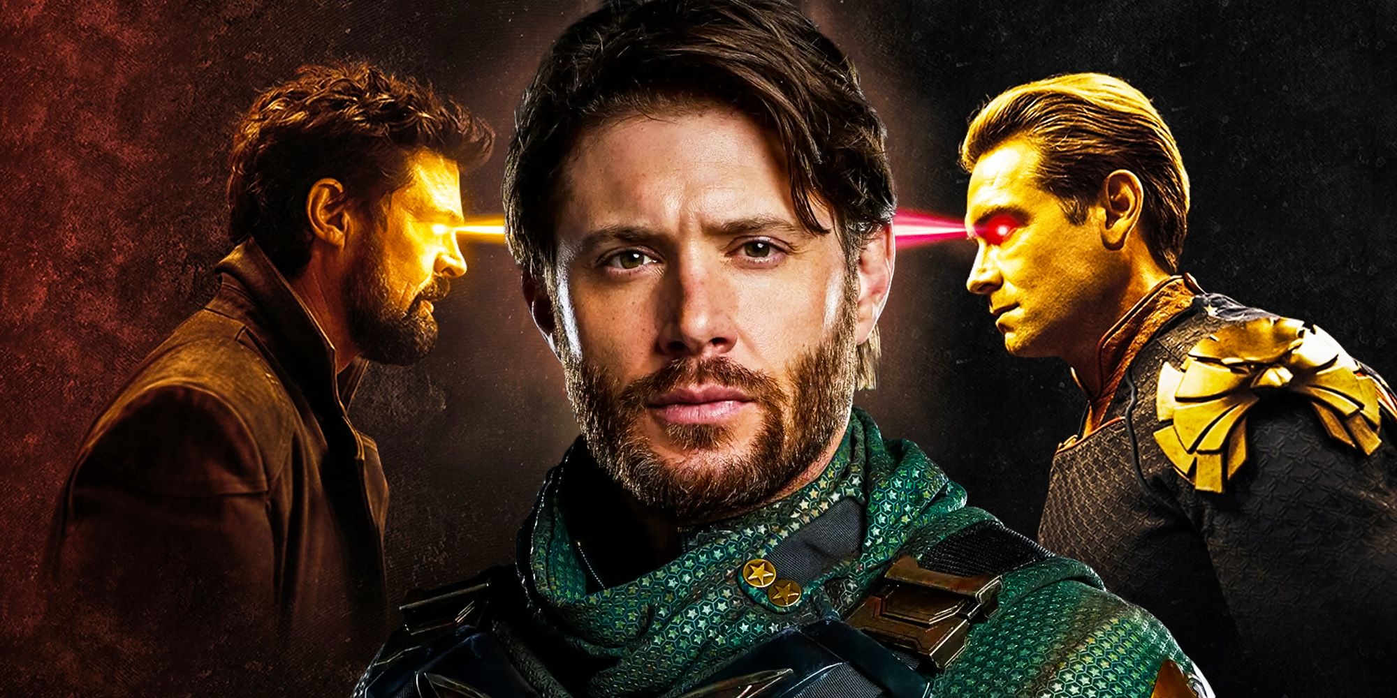 Soldier Boy (Jensen Ackles) between Billy Butcher (Karl Urban) and Homelander (Anthony Starr) shooting lasers at each other in The Boys