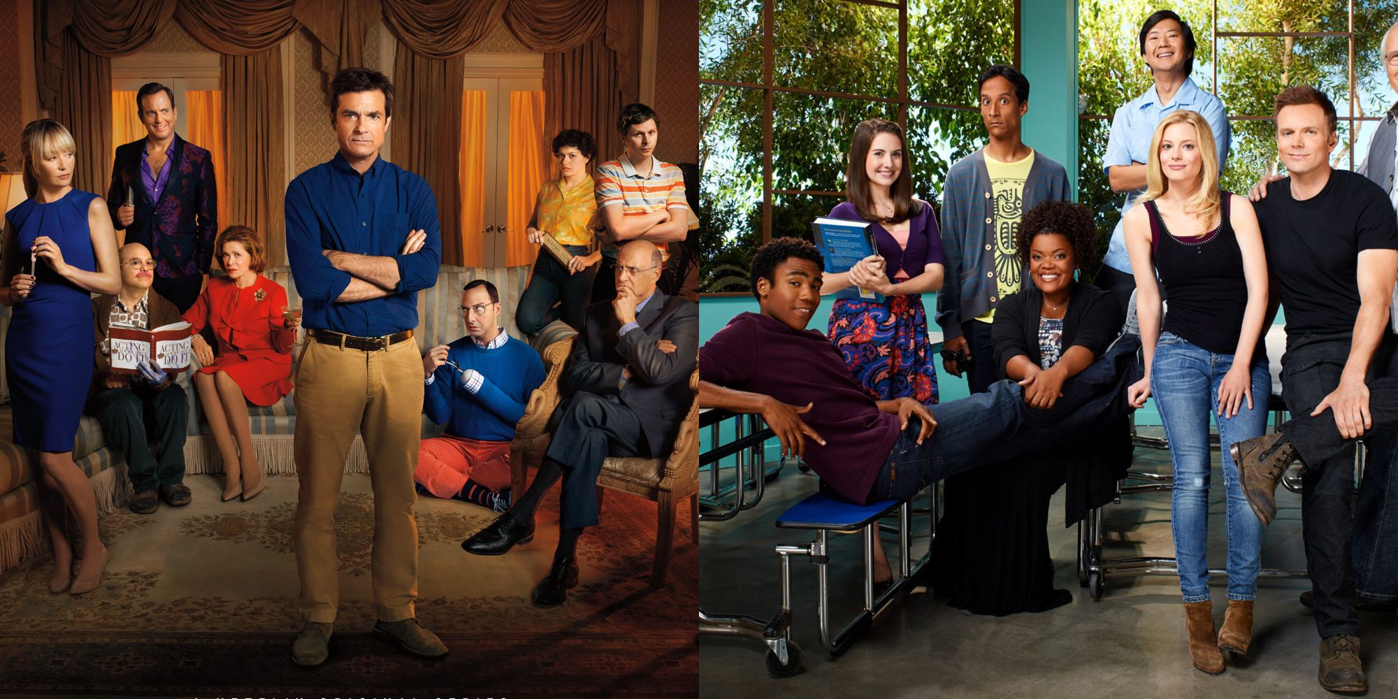 Split image showing the cast of Arrested Development and Community.