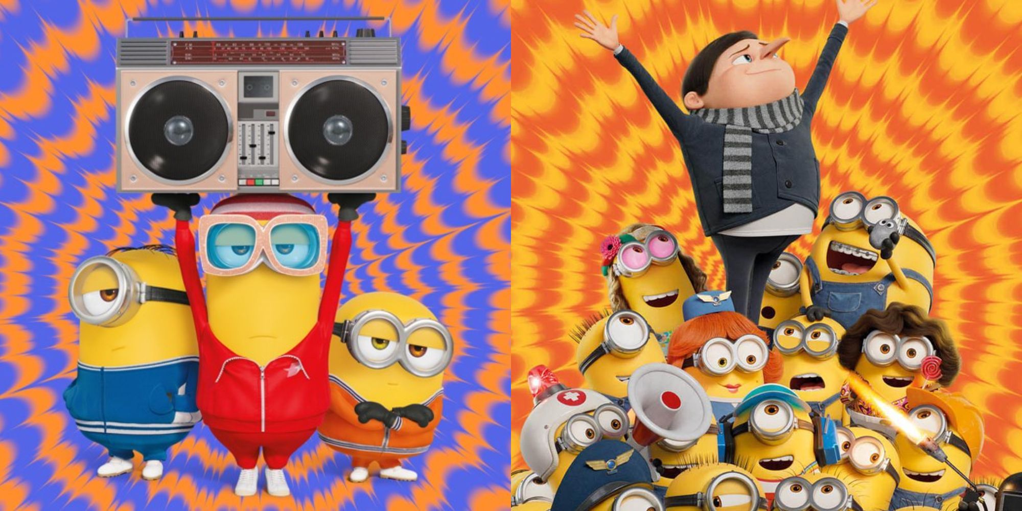 Split image showing the minions and young Gru in Minions: The Rise of Gru.
