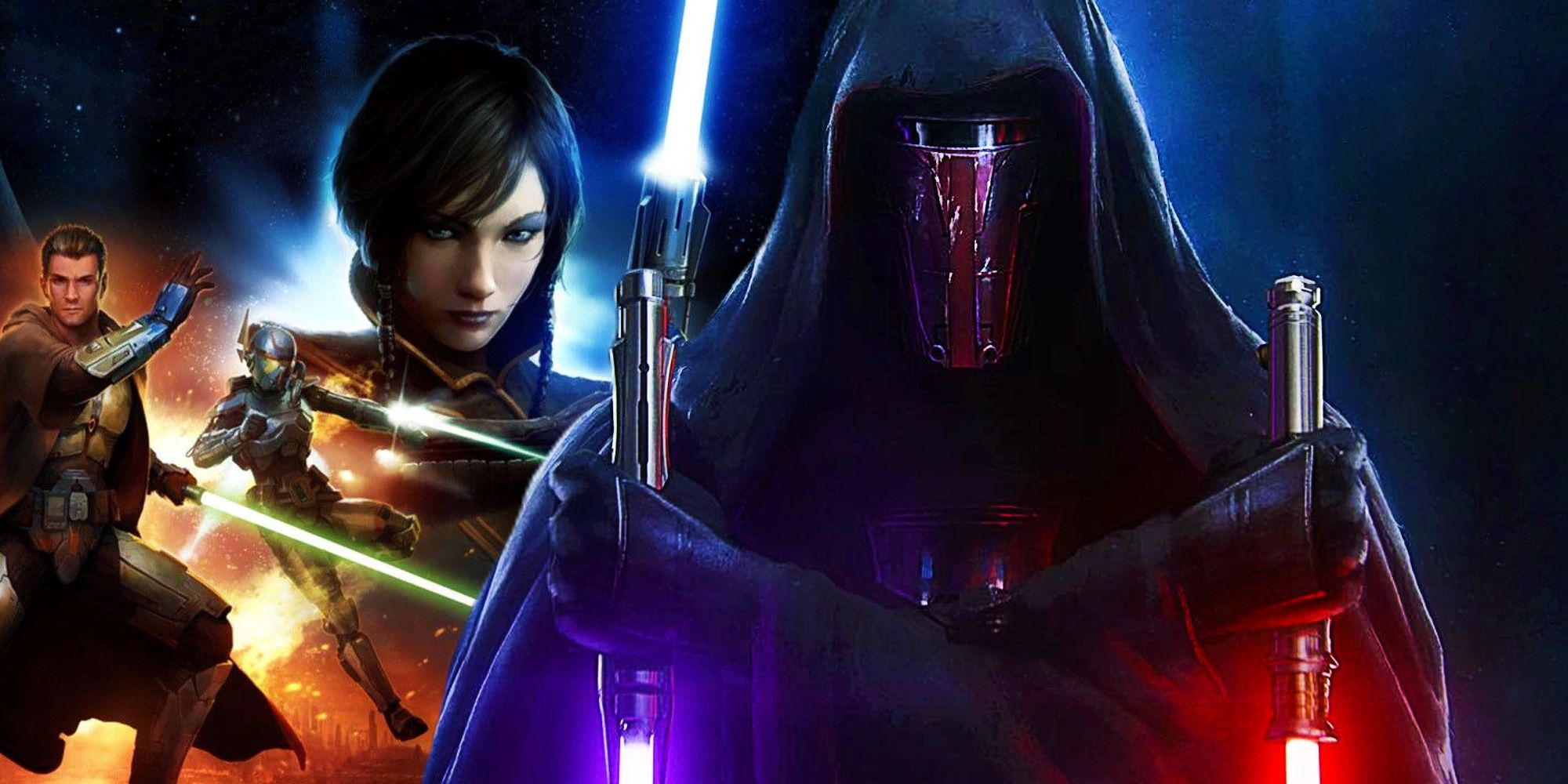 The poster for Knights of the Old Republic and Darth Revan holding two lightsabers