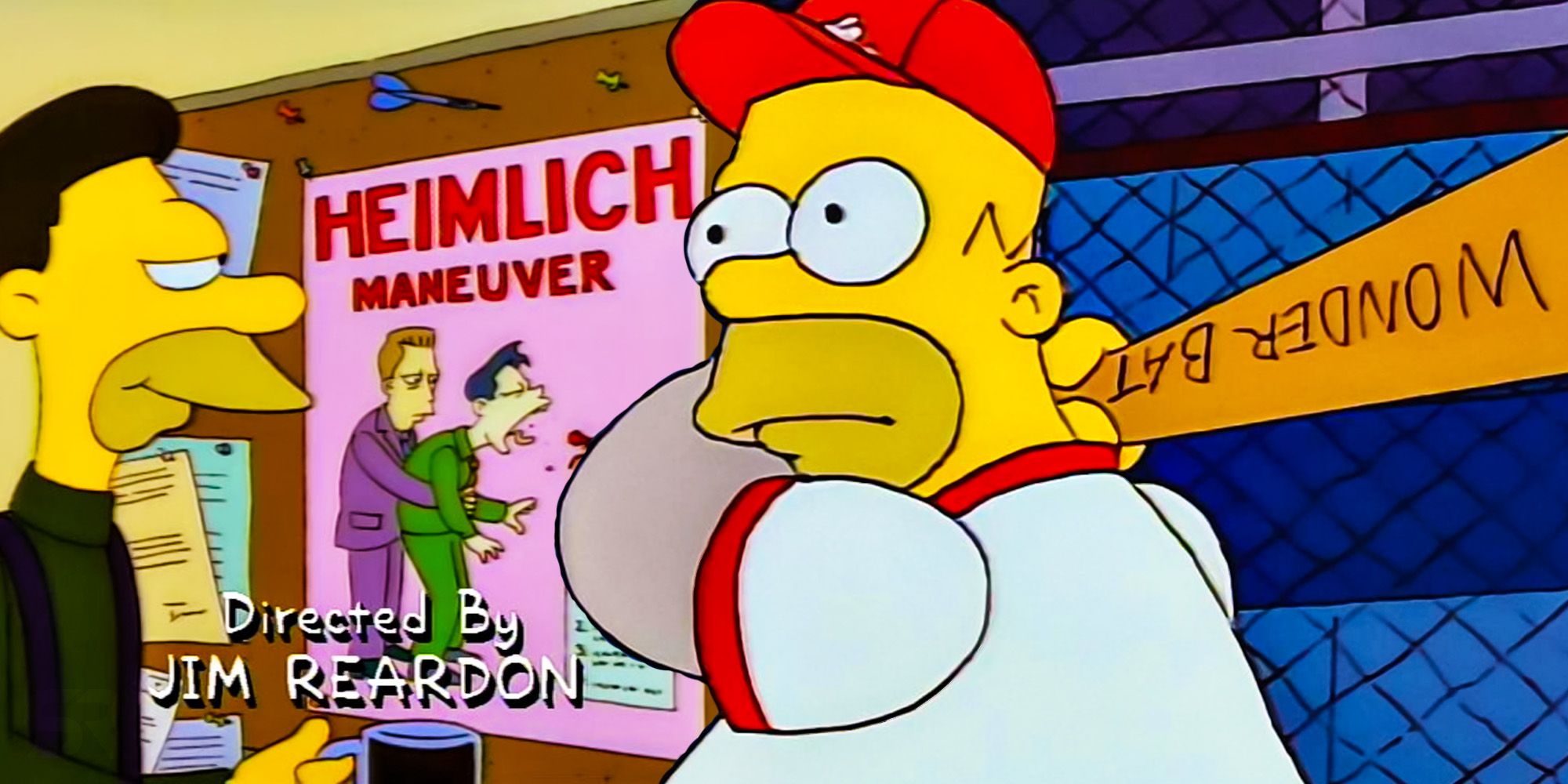 homer playing baseball in the simpsons and homer at the bat's famous heimlich poster