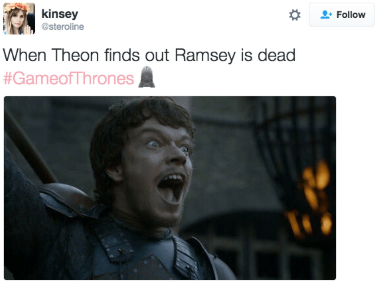 Meme about Theon's reaction to Ramsay dying in Game of Thrones. 