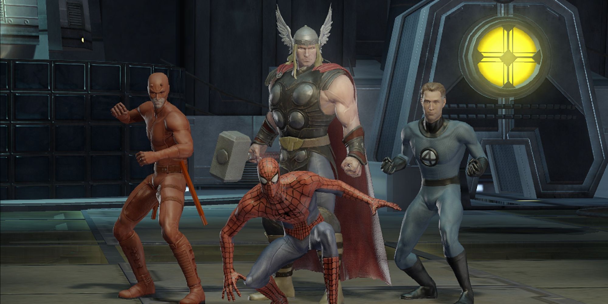 Thor Daredevil Spider Man and Mr. Fantastic united as a team in Marvel Ultimate Alliance 2