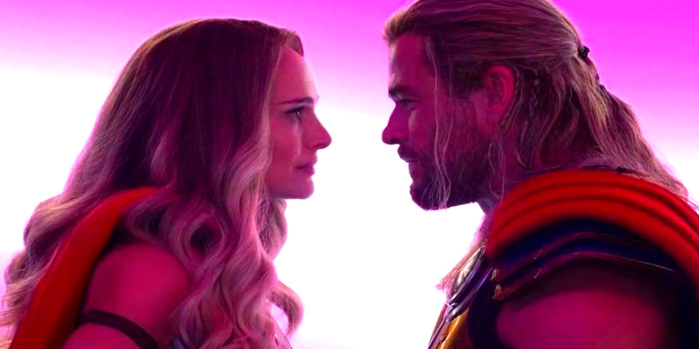 Thor and Jane in front of pink light in Love and Thunder