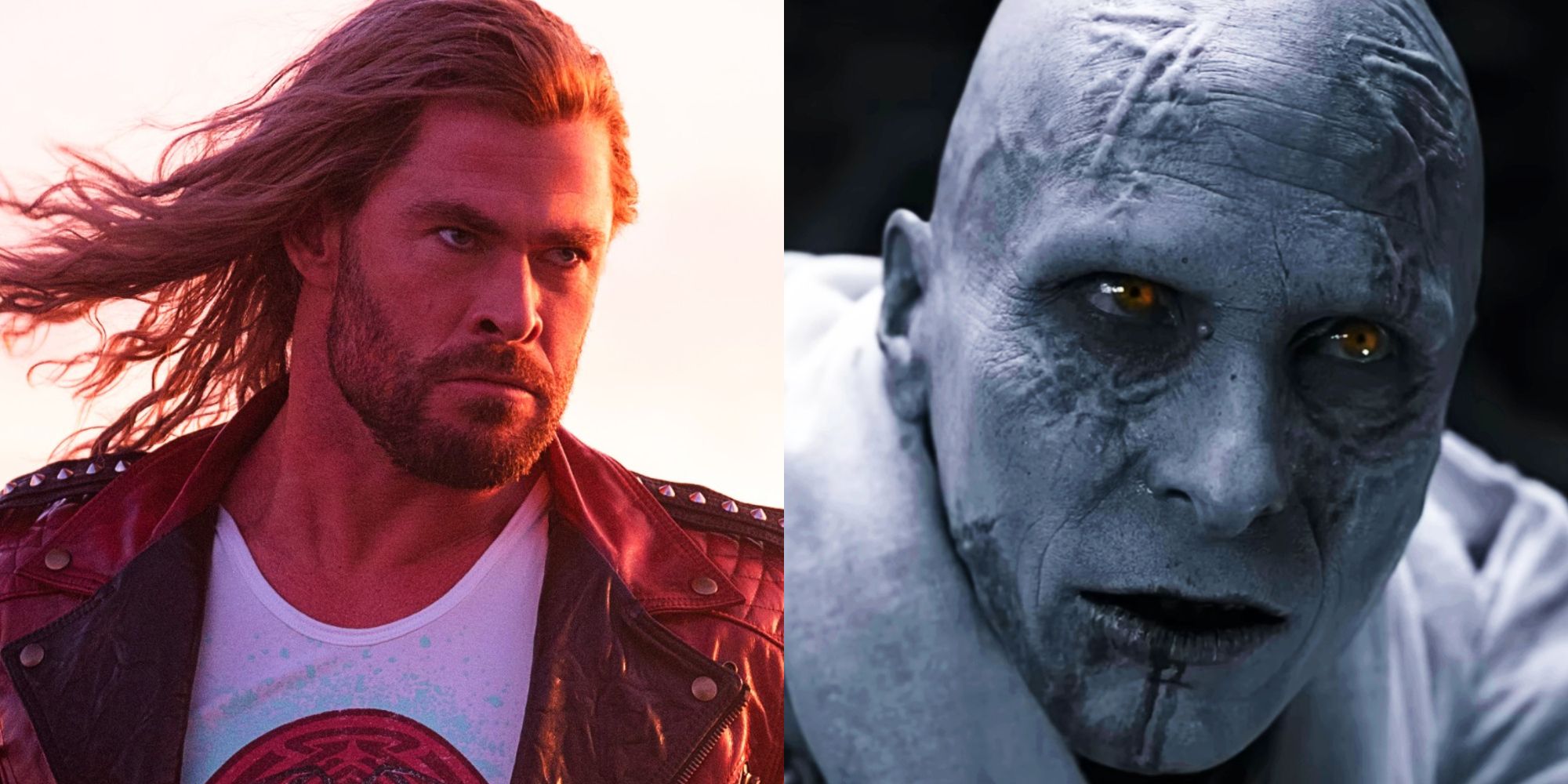 A split image showing Thor and Gorr in Thor Love and Thunder