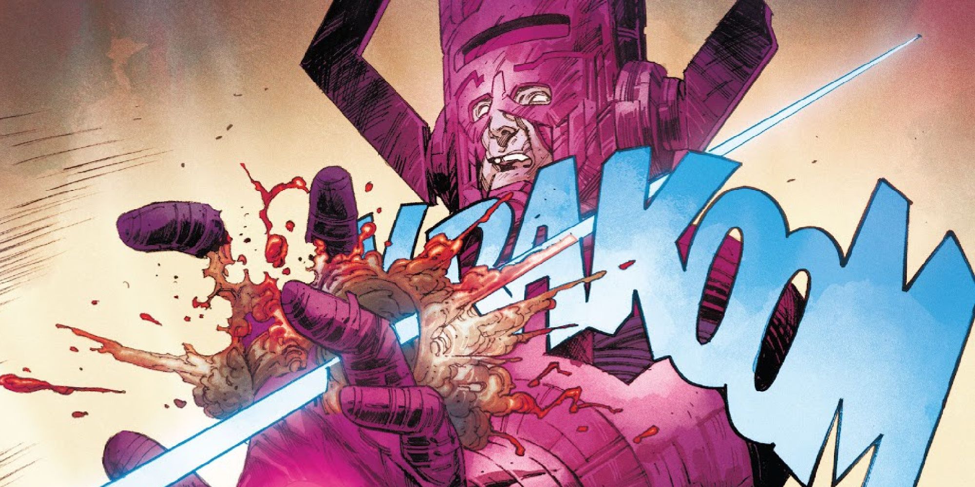 Thor attacks Galactus in Marvel Comics.
