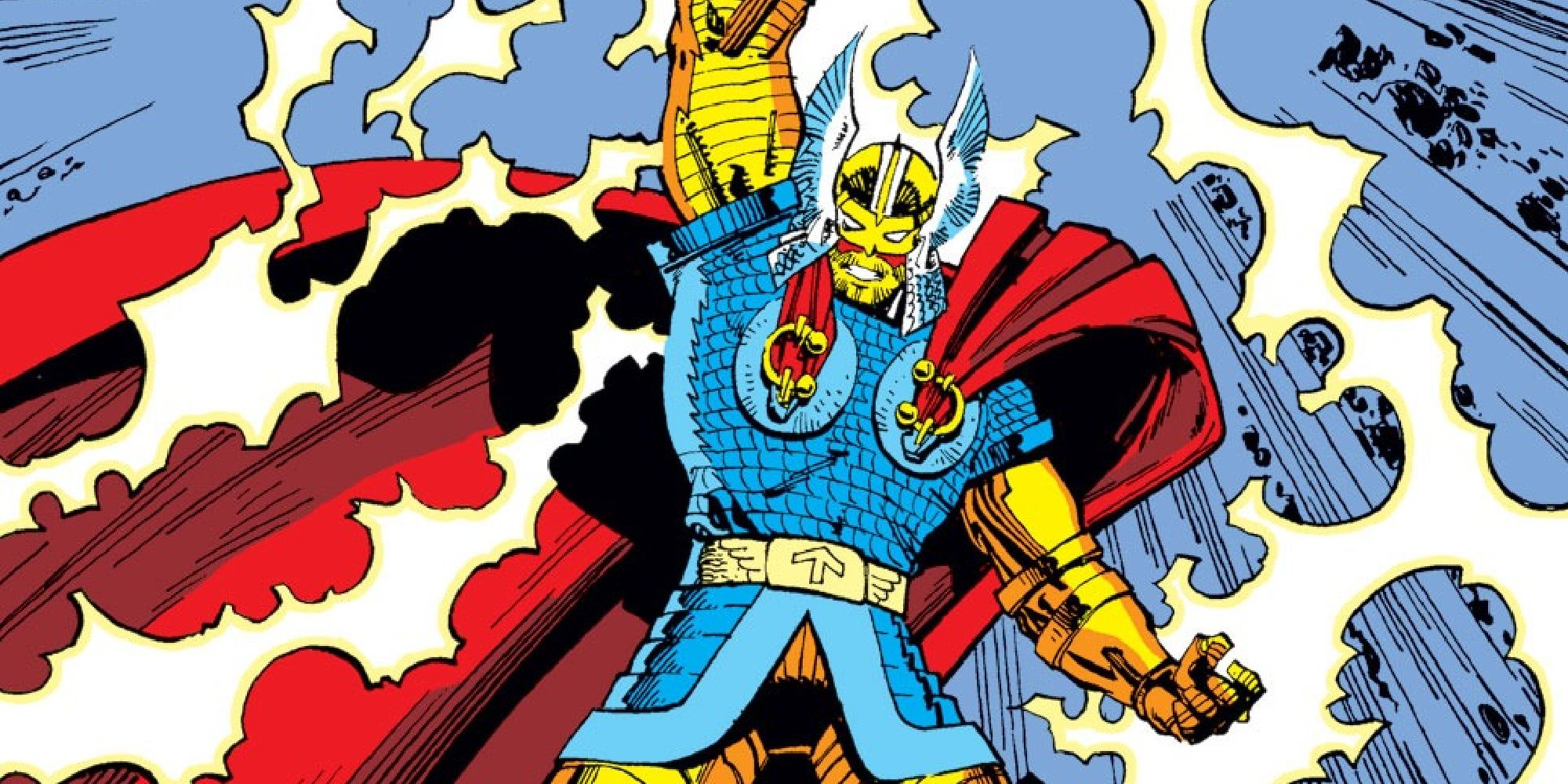 Thor dons blue and gold armor in Marvel Comics.