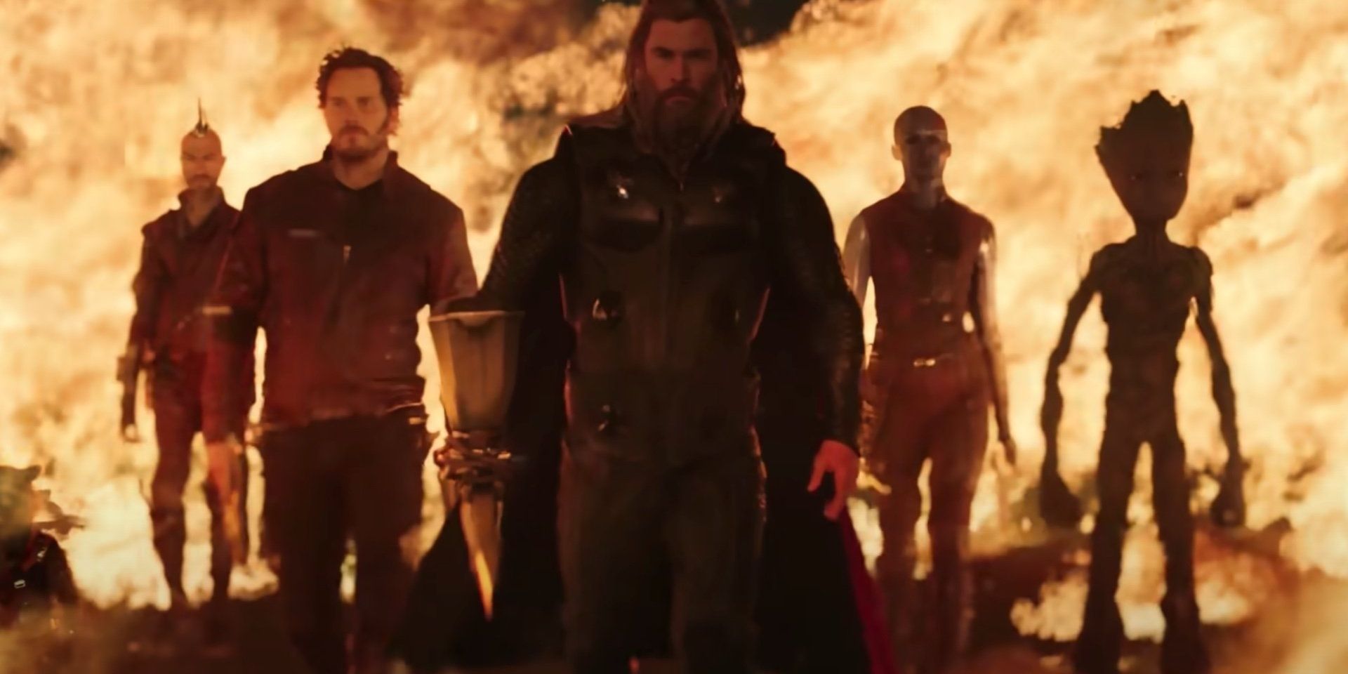 Thor walking through a flame with the Guardians of the Galaxy in Love and Thunder