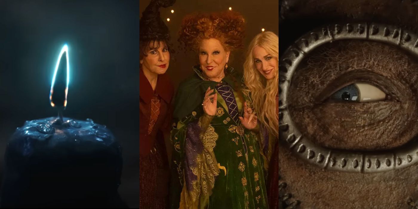 Three split images of Sanderson sisters and their book and candle from Hocus Pocus 2 trailer