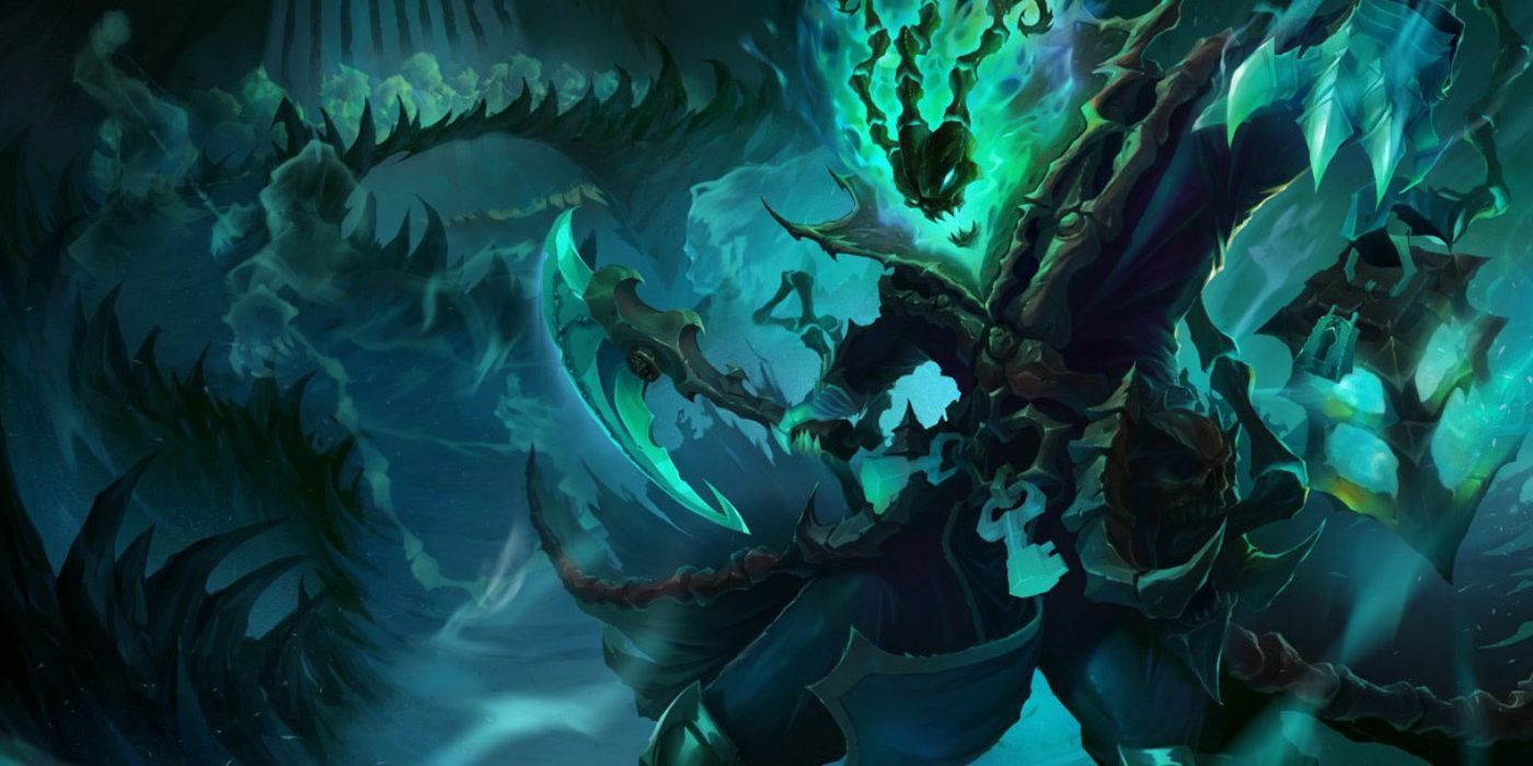 Thresh wielding a large weapon in League of Legends.